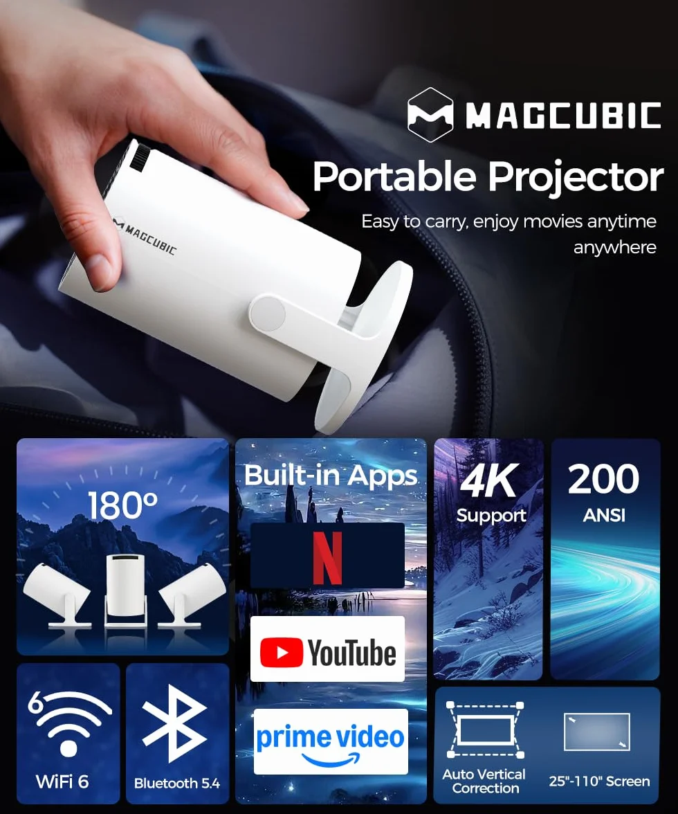 Mini Projektor 4K 5G WiFi 6 BT 5.4 Full HD 1080P 200ANSI Automatyczna Korekcja Trapezu Biały