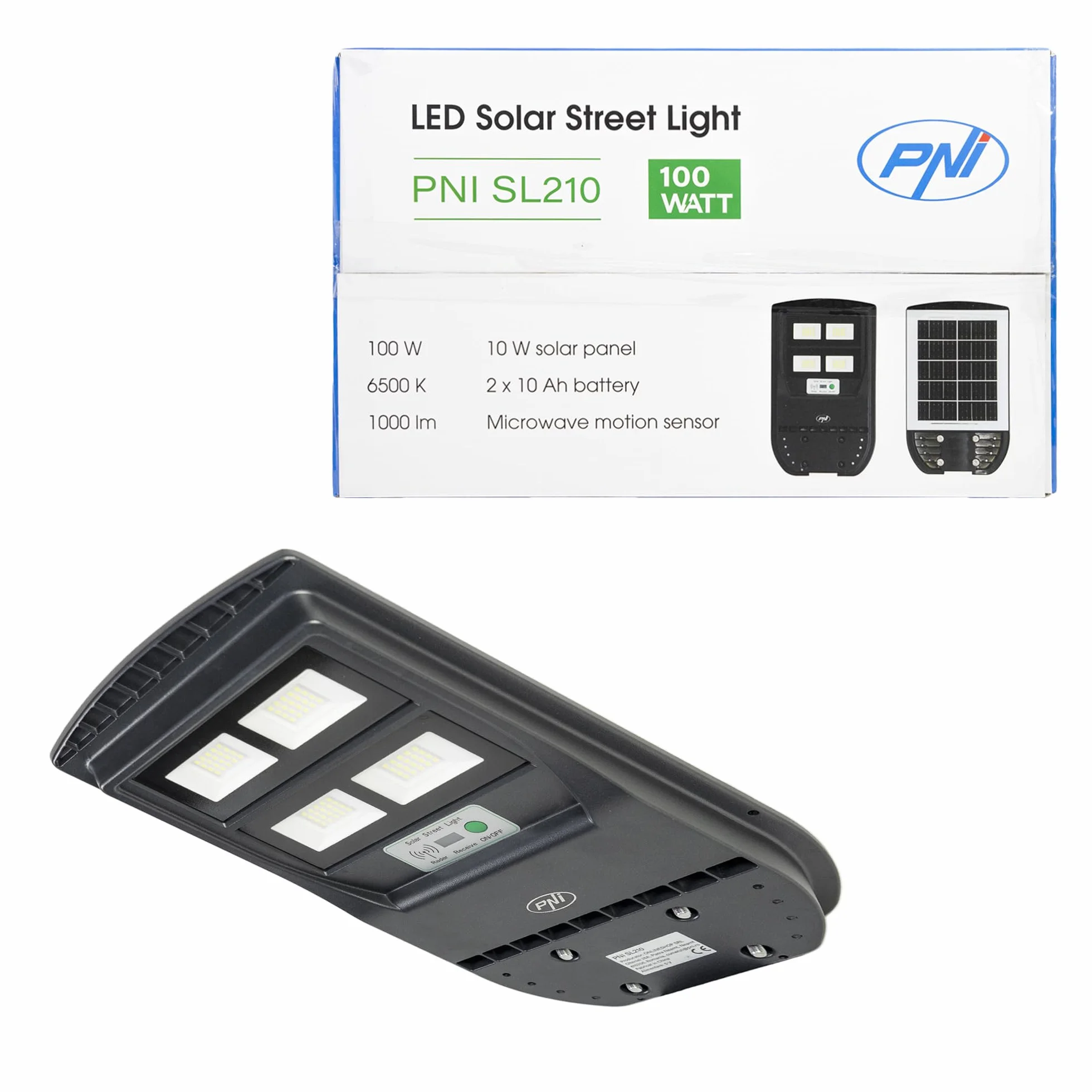 Lampa uliczna PNI SL210 100W z wbudowanym panelem słonecznym 10W, 6500K, 1000lm, 2 x wbudowany akumulator 10Ah, mikrofalowy czujnik ruchu