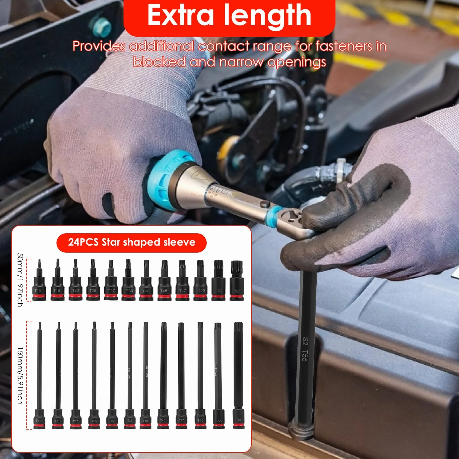 24-częściowy zestaw bitów Torx z napędem 3/8", T10 do T60, łatwo dostępny, odporny na uderzenia, zestaw tulejek Torx do profesjonalnych projektów, konserwacji mechanicznej, ciężkich zadań