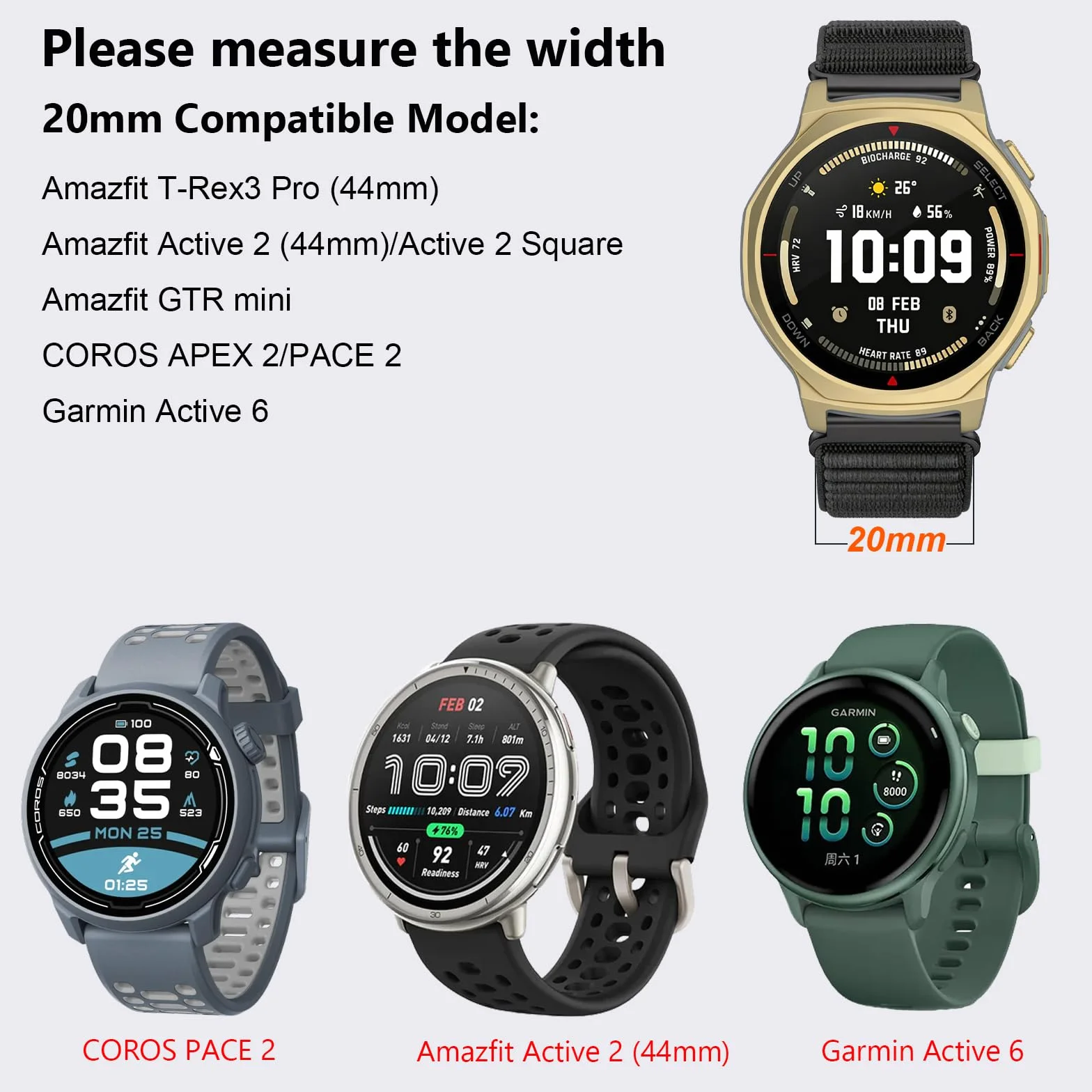 Nylonowa bransoletka kompatybilna z Amazfit T-Rex 3 Pro 44 mm, 20 mm, regulowana, miękka, sportowa pętla do Amazfit Active 2 44 mm / Active 2 Square/Amazfit GTR mini, dla mężczyzn i kobiet