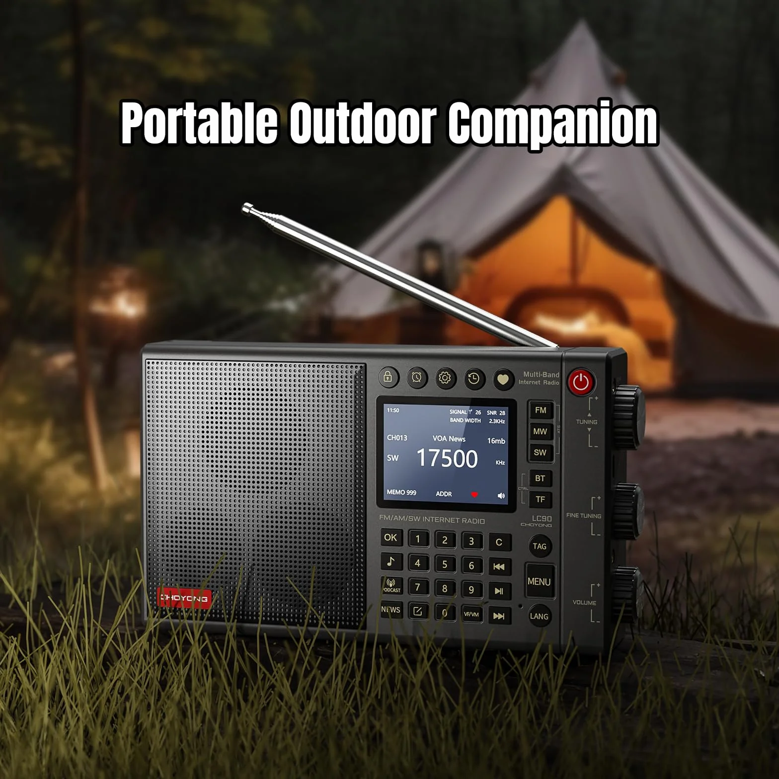 CHOYONG LC90 Radio internetowe Wi-Fi / 4G, przenośne, FM/LW/MW/SW, z akumulatorem 5000 mAh, 40 tys. stacji radiowe, głośnik BT, budzik, głośniki stereo 15 W, obsługa karty TF