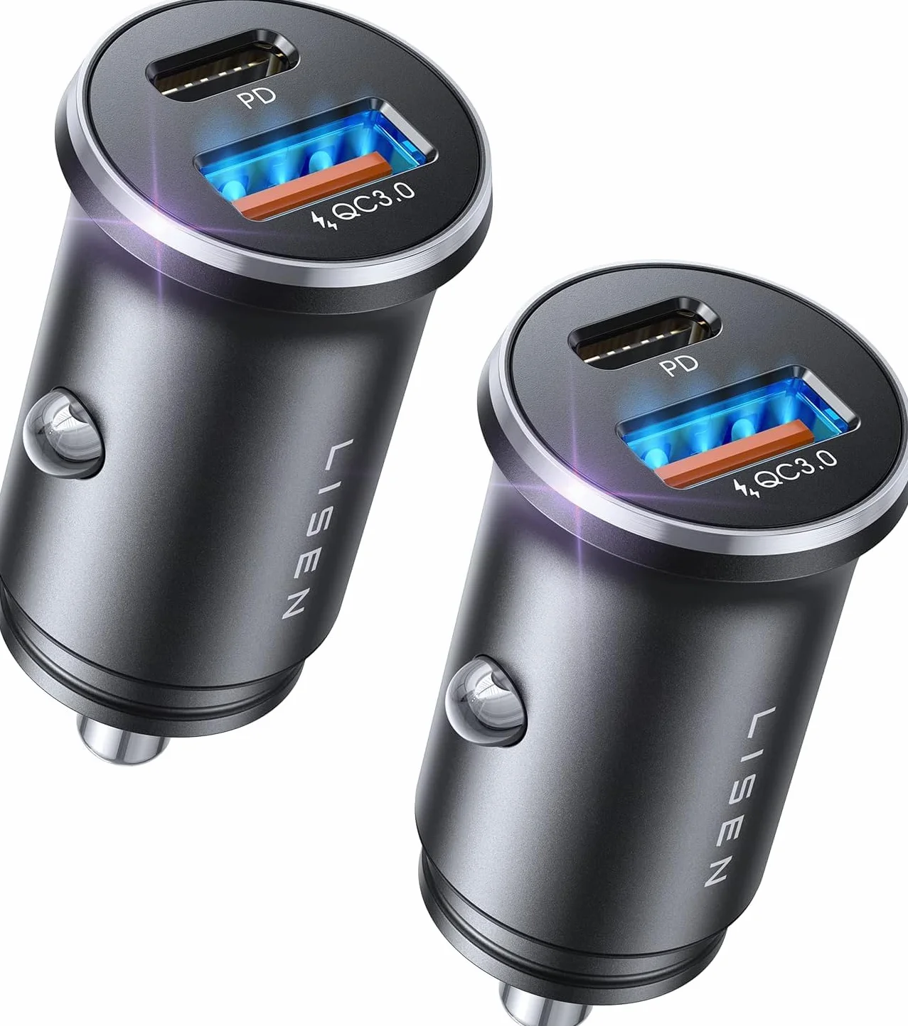 LISEN 2-Pack Zapalniczka USB C metalowa ładowarka samochodowa 54 W USB PD QC3.0 12 V szybkie ładowanie do iPhone Samsung Galaxy