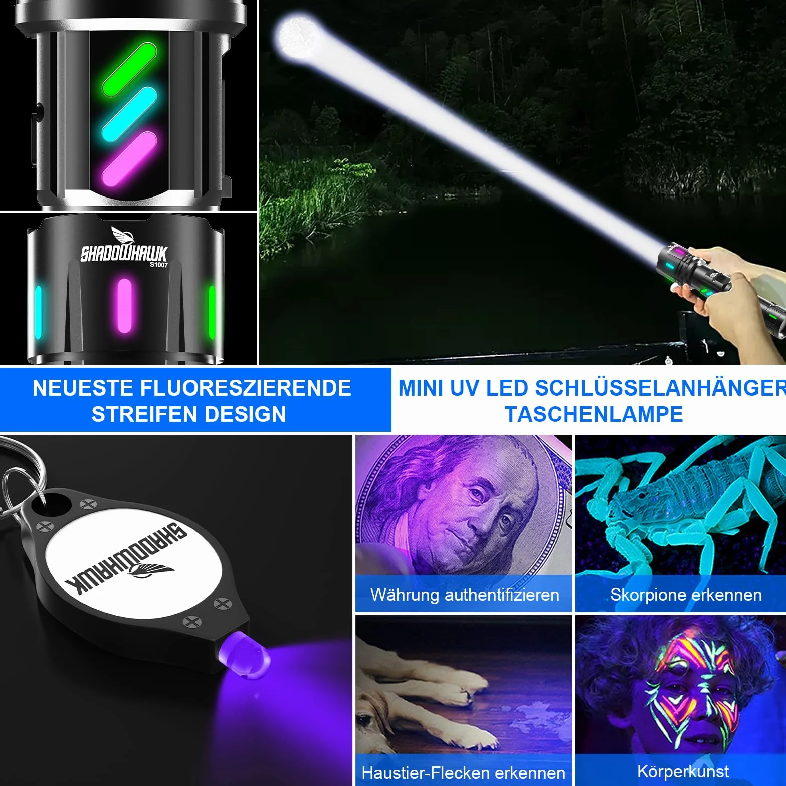 Shadowhawk Latarka LED, do wielokrotnego ładowania, 500000 lm, bardzo jasna latarka LED (XHM90.2), mocna latarka taktyczna USB, zasilana bateriami, wodoszczelna, do użytku w sytuacjach awaryjnych