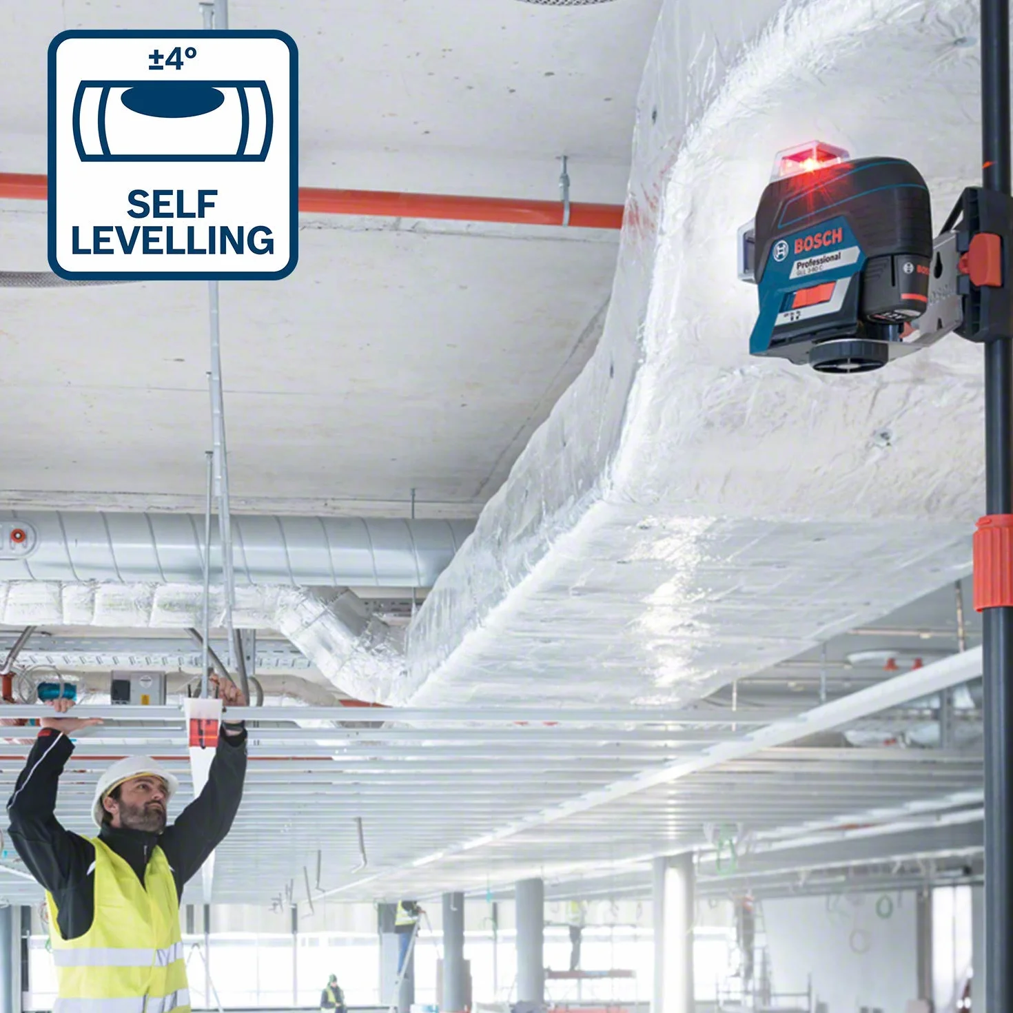 Bosch Professional system 12V: laser liniowy GLL 3-80 C (1 akumulator GBA 12V 2.0Ah, czerwona wiązka, współpraca z aplikacją, uchwyt, odbiornik, zasięg pracy: 30 m, walizka L-BOXX)