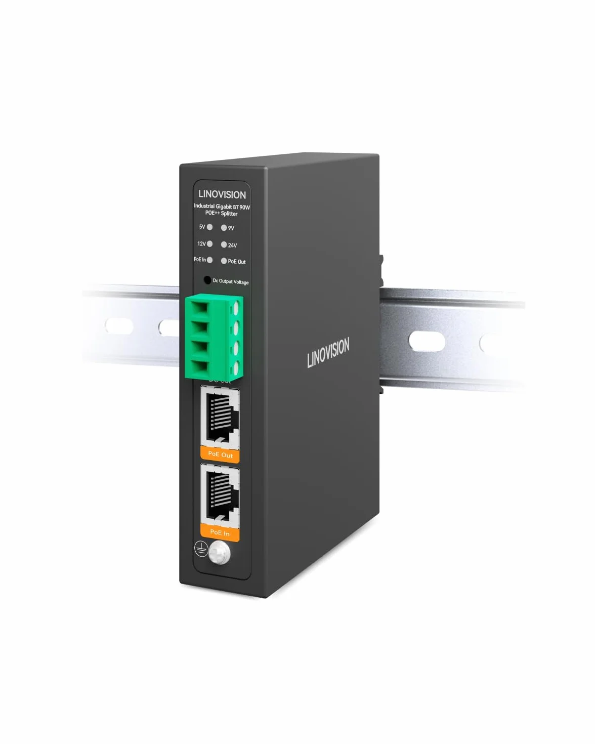 LINOVISION Przemysłowy gigabitowy rozdzielacz PoE++ 90W IEEE802.3bt DC 5/9/12/24V montaż na szynie DIN