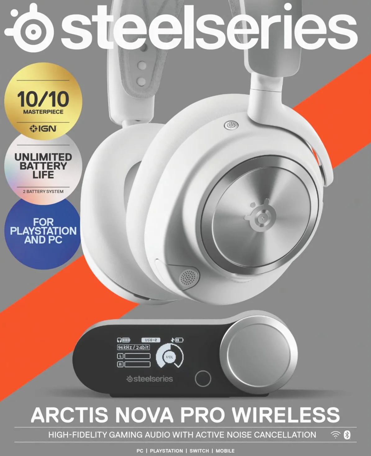 SteelSeries Arctis Nova Pro Wireless - wieloplatformowe bezprzewodowe słuchawki do gier - neodymowe przetw.magn. - ANC - Infinity Power System - mic ClearCast 2 gen. - PC, PS5, Switch, telefon - Białe