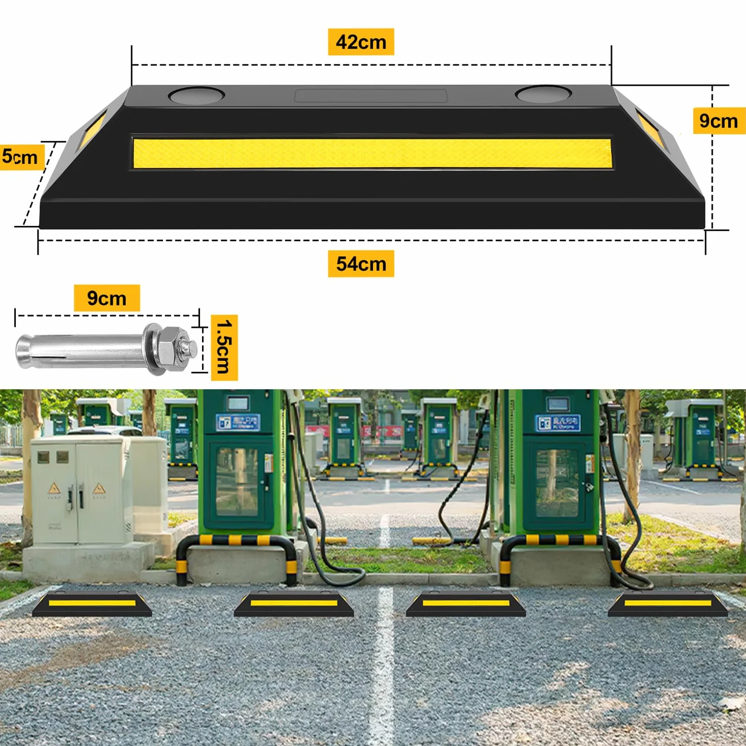 4 sztuki gumowe ograniczniki kół do parkingu, ogranicznik parkingowy, znak parkingowy, ochrona rozruchu z żółtymi paskami odblaskowymi do garażu i parkingu