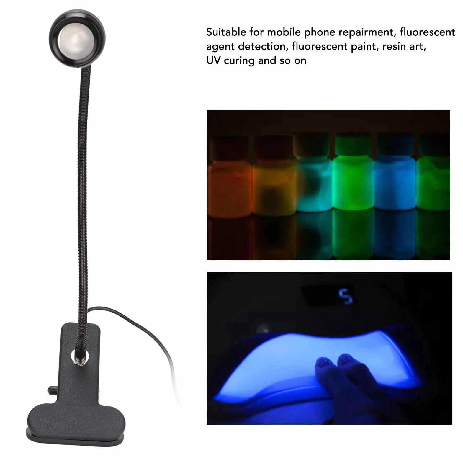 Lampa do utwardzania klejem UV, Przenośne, elastyczne lampy LED 360 ° USB 3W, koraliki UV z gęsią szyją i zaciskiem, Mini lampka biurkowa do paznokci żelowych, naprawy telefonów, wykrywania