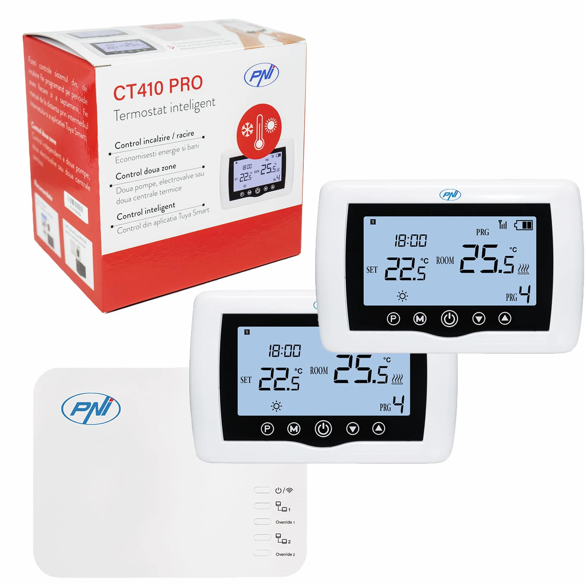 PNI CT410 PRO inteligentny termostat bezprzewodowy, z Wi-Fi, sterowanie 2 strefami przez Internet, do instalacji grzewczych, pomp, zaworów magnetycznych, aplikacji TuyaSmart, histereza 0,2 stopni C