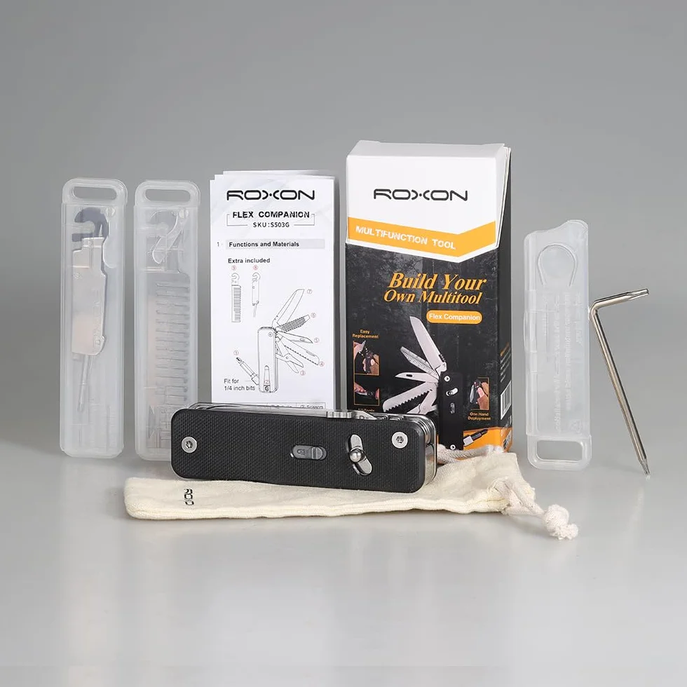 ROXON S503G Flex Companion Tool modułowa konstrukcja i regulowane narzędzie kieszonkowe, wstępnie zainstalowane z 8 ważnymi narzędziami (1/4" bit Driver, ostrze D2, śrubokręt, piła stożkowa, nożyczki