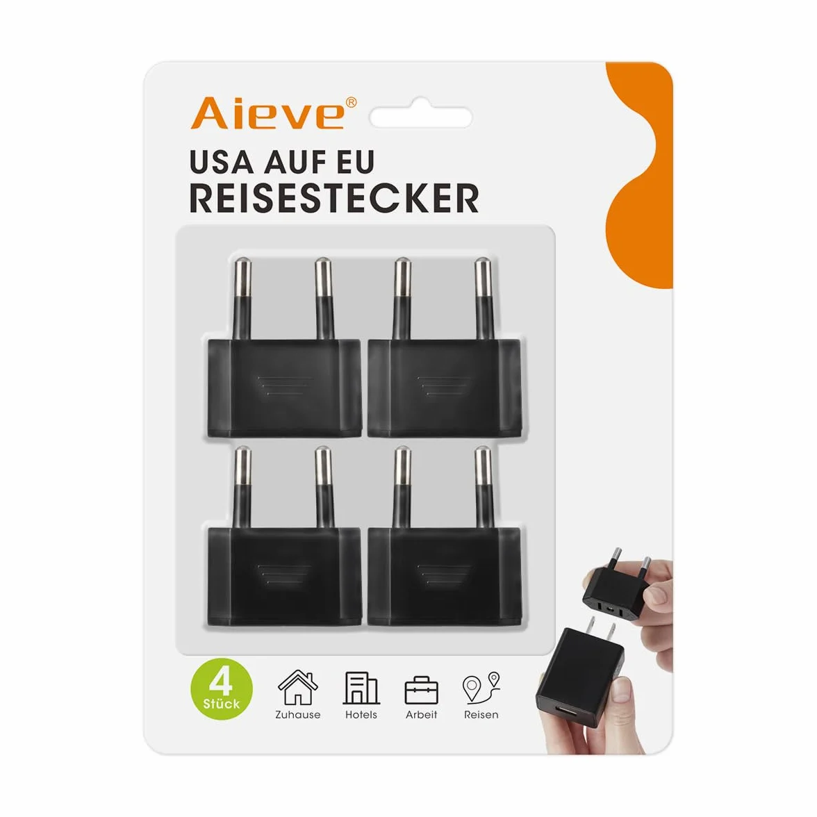 Aieve 4 sztuki adapterów podróżnych USA-UE, wtyczka USA na 2 piny do Niemiec/Europy, adapter wtyczki Ameryka/Kanada/Meksyk, konwerter do urządzeń z zasilaniem amerykańskim (czarny)