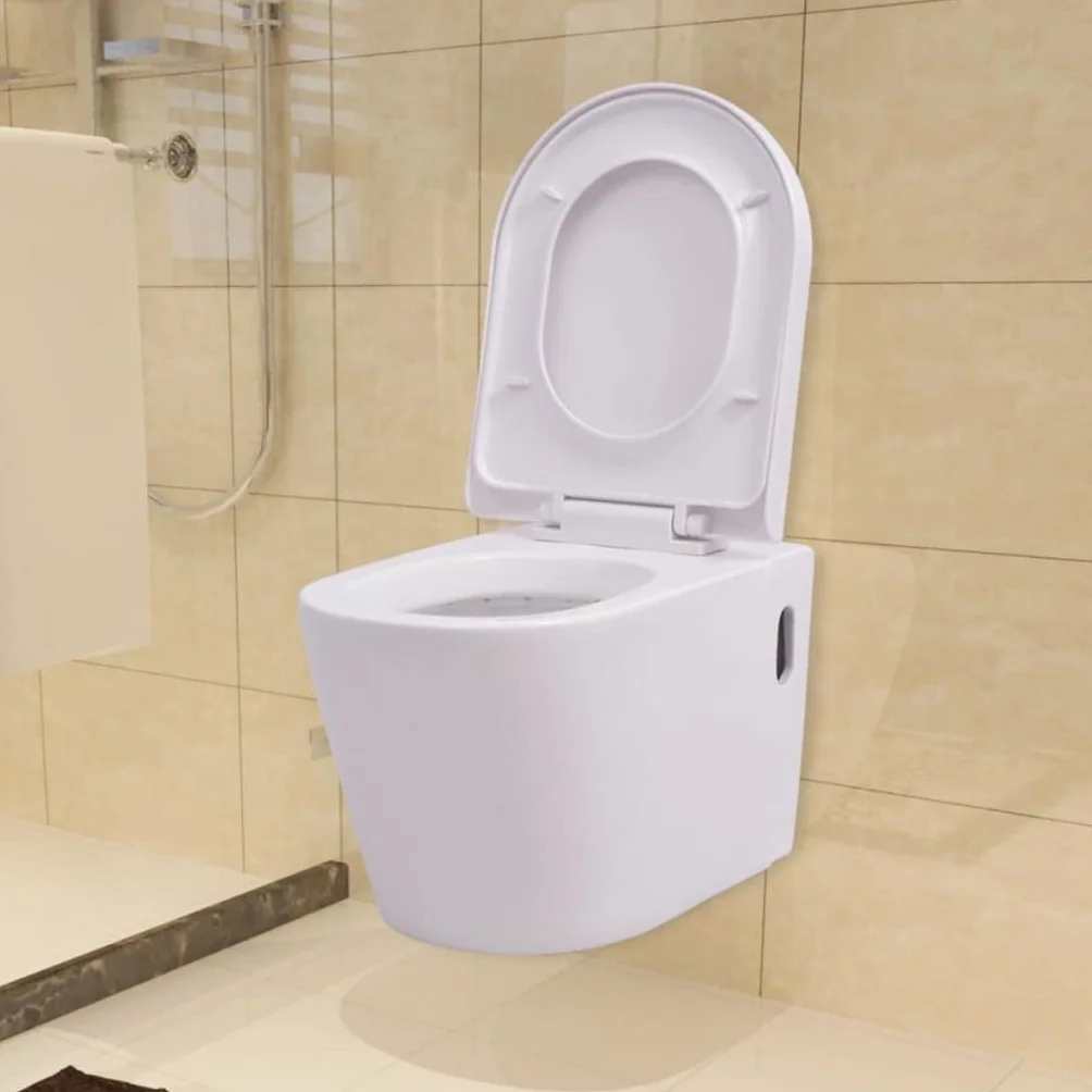Biała ceramiczna toaleta ścienna z miękkim zamknięciem, ponadczasowy design do łazienki, łatwa do czyszczenia wisząca toaleta, z siedziskiem i pokrywą
