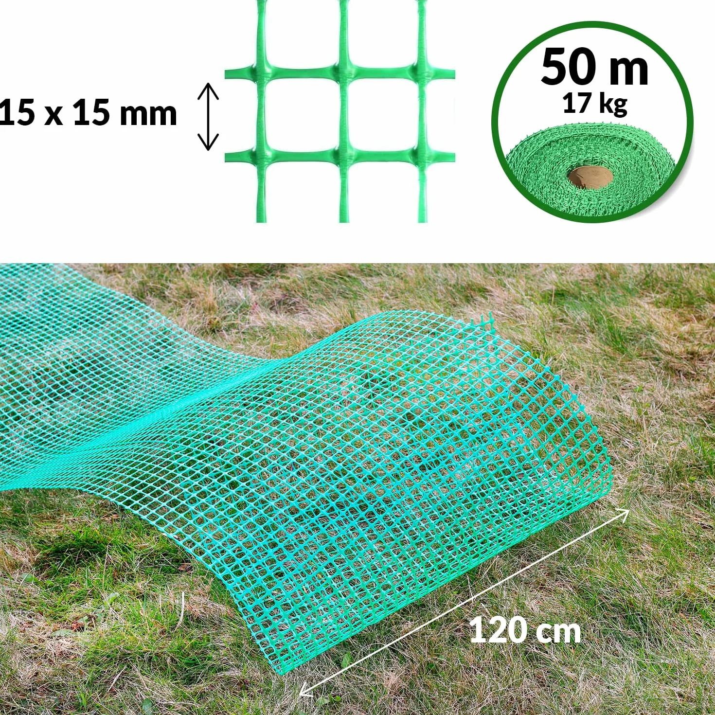 MELETE - Siatka ogrodowa 1,2m x 50m – Siatka ogrodzeniowa z tworzywa sztucznego - Zewnętrzna, elastyczna, o prostokątnych oczkach - Wszechstronna do ochrony roślin i zwierząt - Zielona
