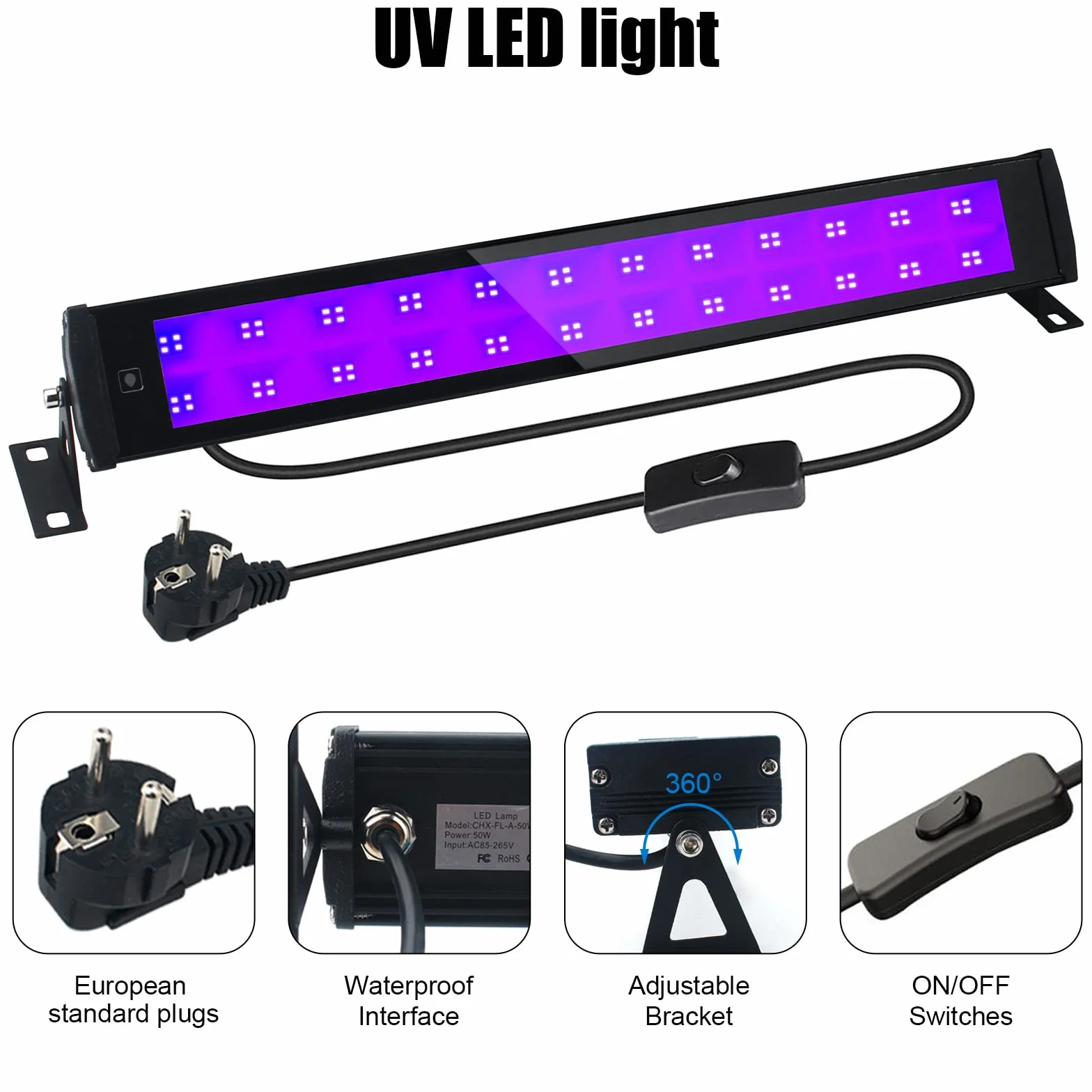50W Blacklight LED, UV Blacklight Lamp z wtyczką i przełącznikiem, IP66 wodoodporny UV Spotlight Outdoor, Blacklight z 96 LED, UV Light Tube dla Party Fluorescent Malarstwo