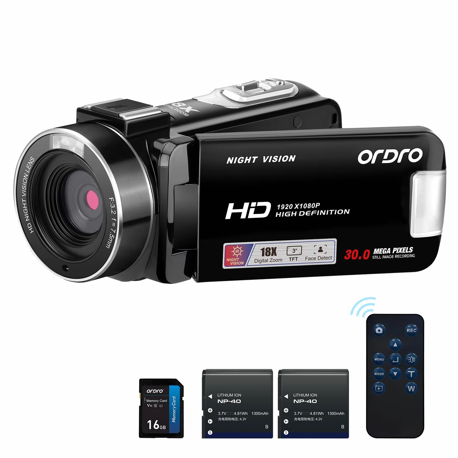 Ordro B320 Kamera 1080P 30MP 16GB Noktowizor Zoom Cyfrowy