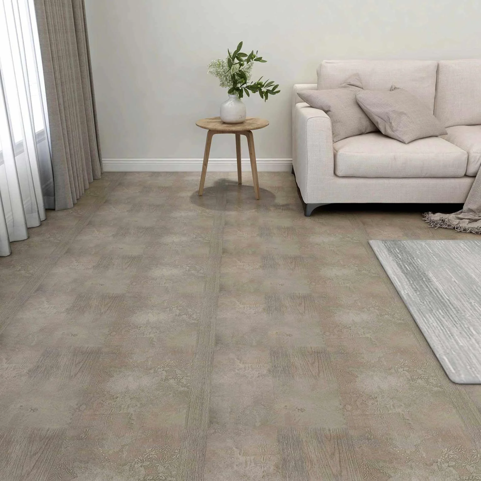 Deski podłogowe z PCW ciemnobrązowe i szare, samoprzylepne, 55 sztuk, 5,11 m², kwadratowe, 30,5 x 30,5 cm, do wnętrz, salonu, kuchni, renowacji, akustycznego kroku, izolacja antypoślizgowa
