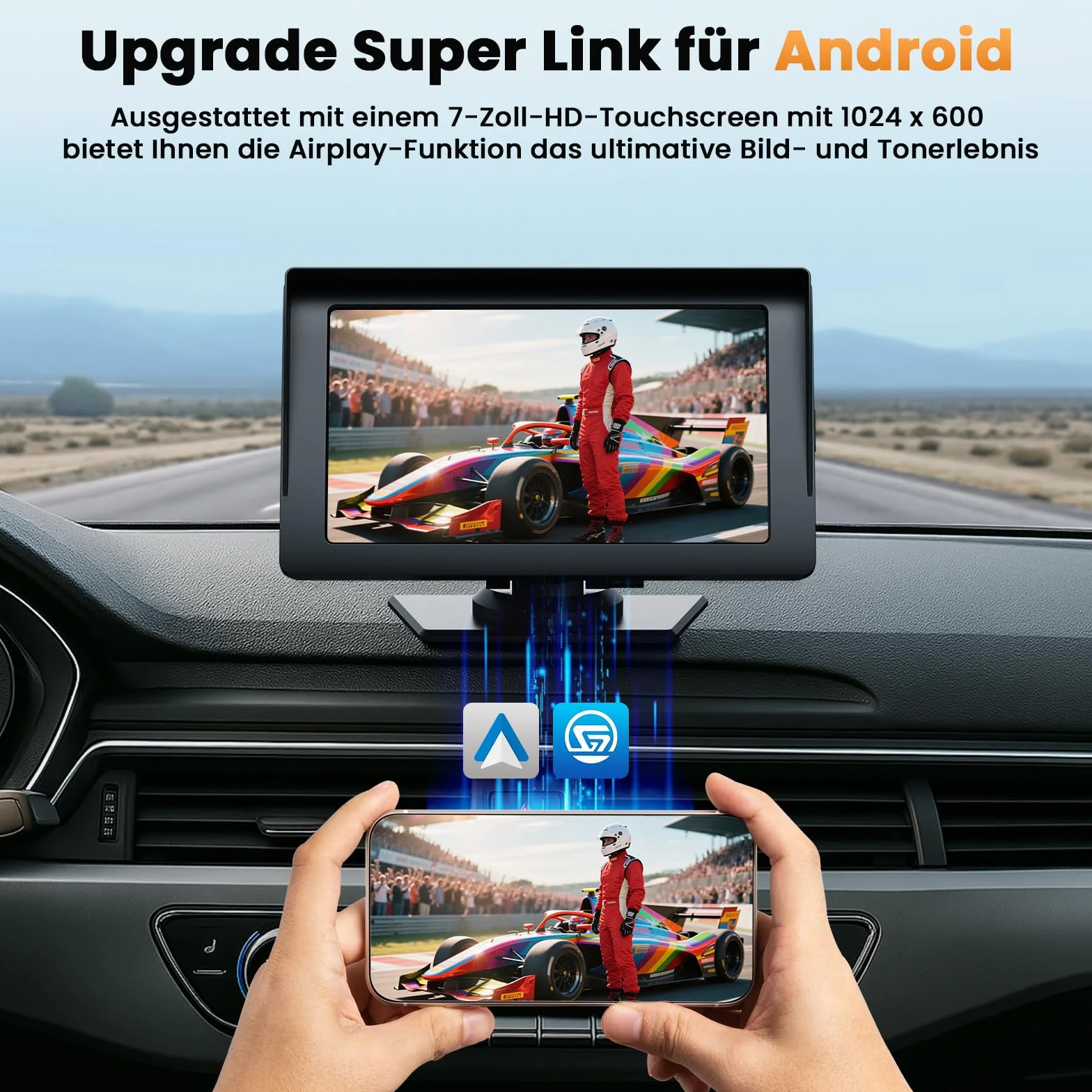 Volam Bezprzewodowy wyświetlacz Carplay Android Auto z 7-calowym ekranem dotykowym, ekran Car Play z nawigacją GPS, asystent głosowy, Mirror Link, Bluetooth 5.0, AUX, FM