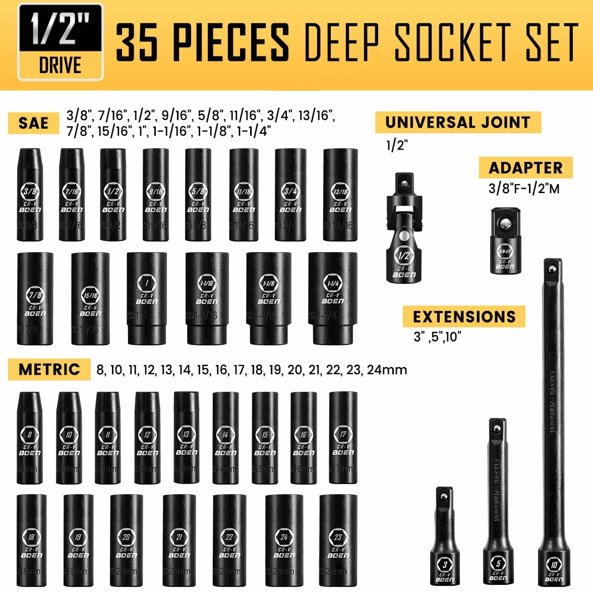 Boen 35-częściowy zestaw nasadek udarowych 1/5.1 cm - SAE 3/20.3 cm-1-1/10.2 cm i metryczne 8-24 mm, przedłużki, przeguby i adapter, stal Cr-V, obudowa z podwójnym zamkiem