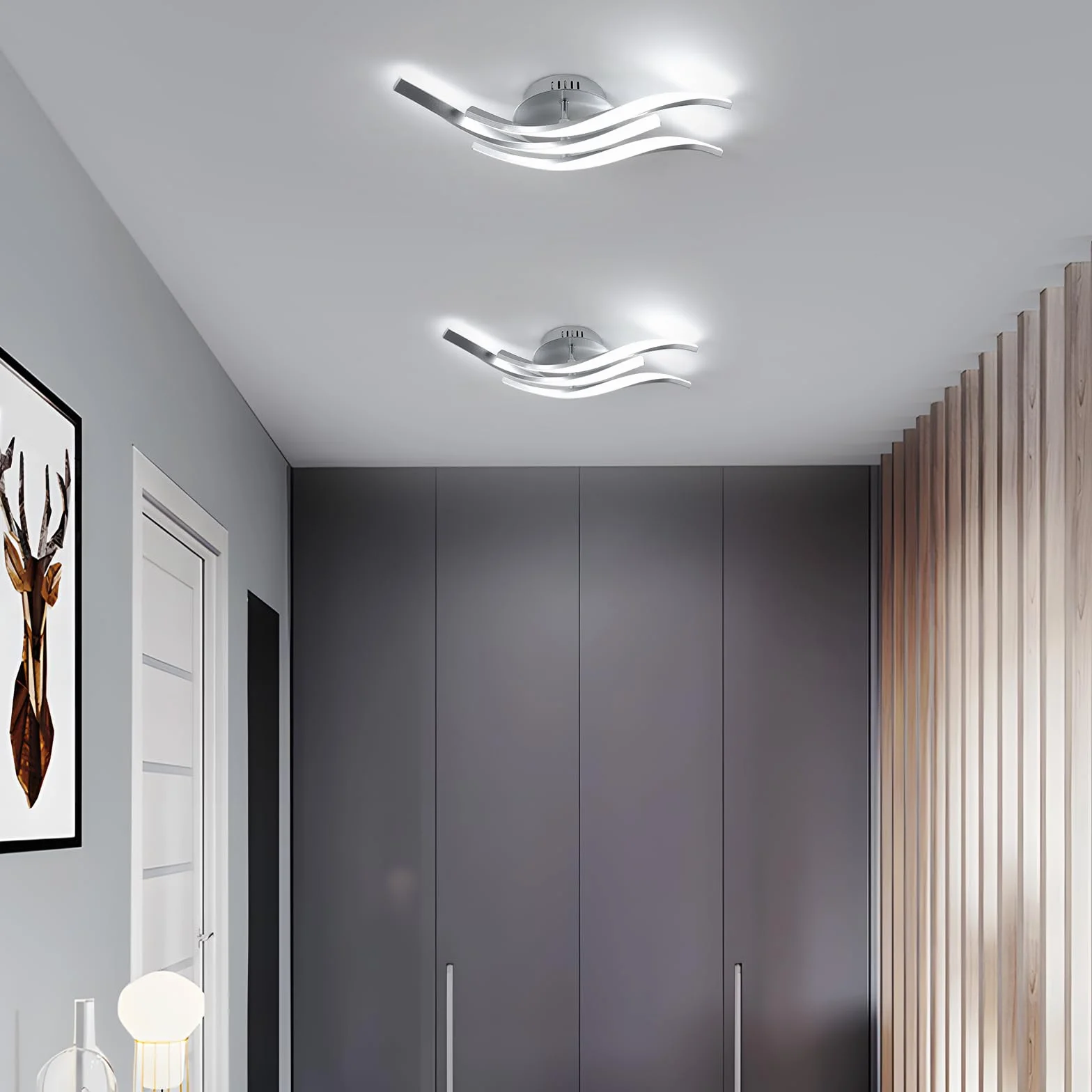Dorlink Nowoczesna lampa sufitowa LED, 6500K zimna biel żyrandole kuchenne, 24 W 1920 lm żyrandol LED do sypialni, 4 lampy sufitowe zakrzywione fale, żyrandol do salonu, Ø52 cm