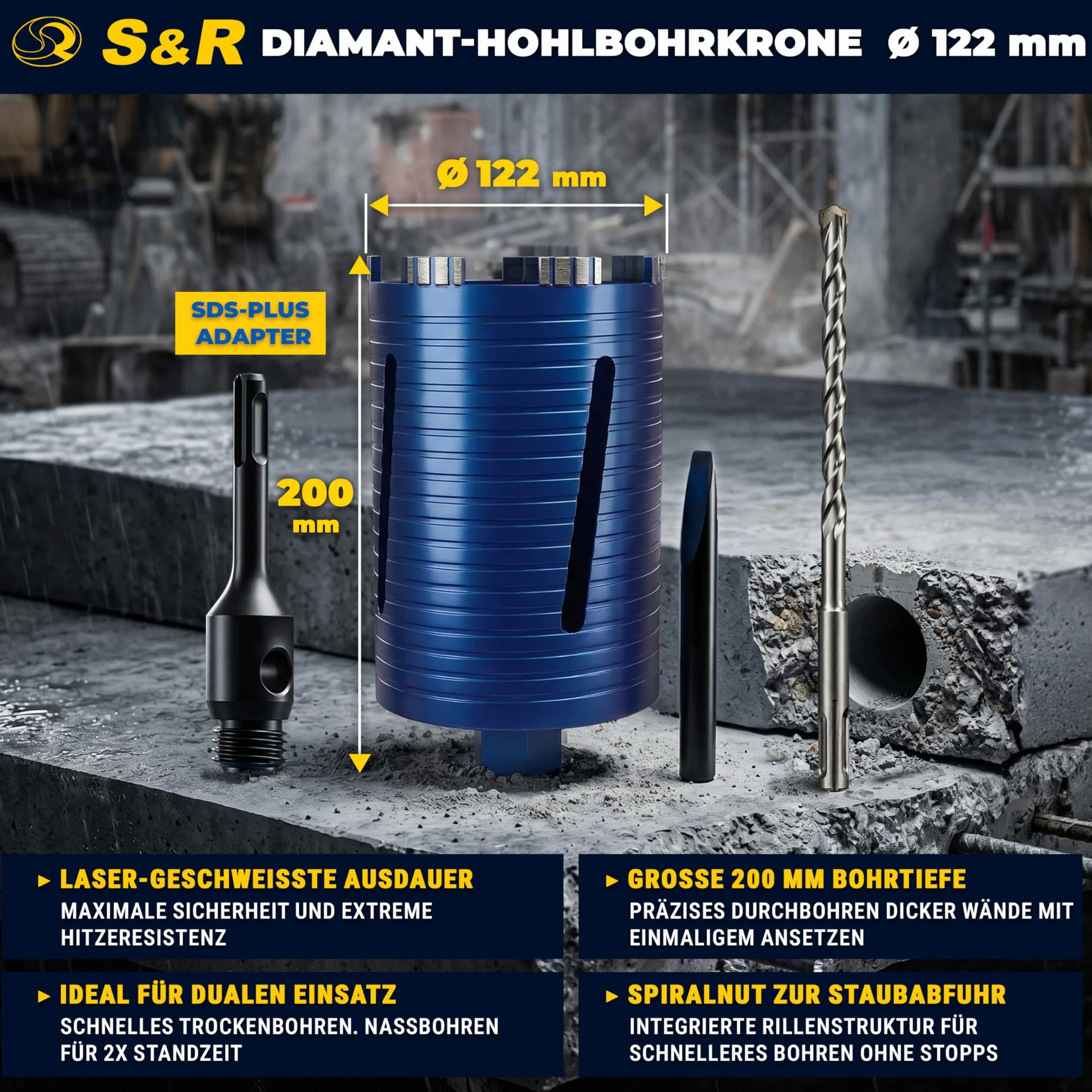 S&R Diamentowa koronka wiertnicza 122 mm, wiertło rdzeniowe M22, długość 200 mm, segment 10 mm, wiertło centrujące, adapter SDS-plus, koronka wiertnicza na sucho, diamentowa koronka wiertnicza do