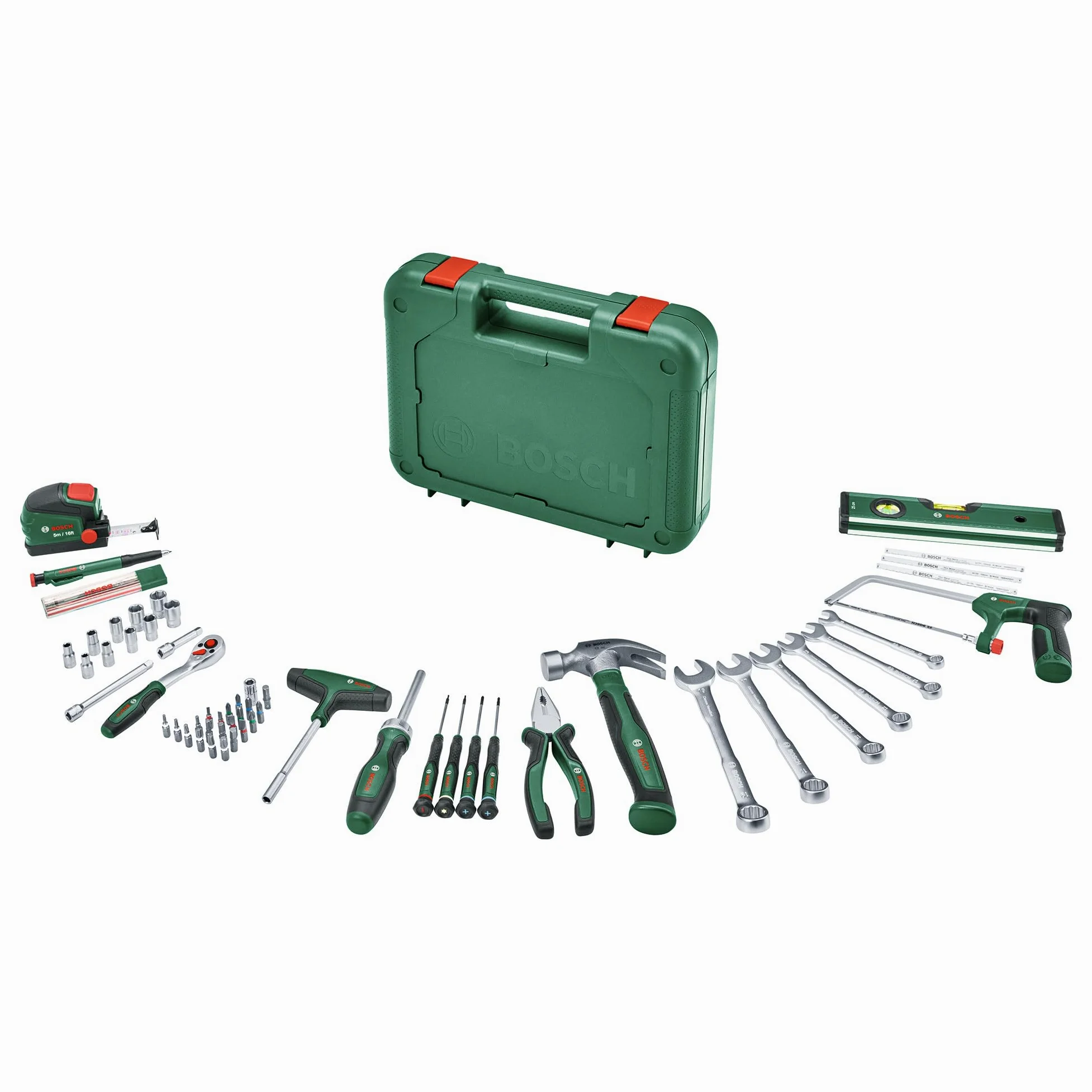 Bosch 64-częśc. zest. narzędzi ręczn. Advanced (wys. jakości materiały, ergonom. narzędzia, szczypce, klucze, wkrętaki, grzechotka, narzędzia pom., piła, młotek i inne)