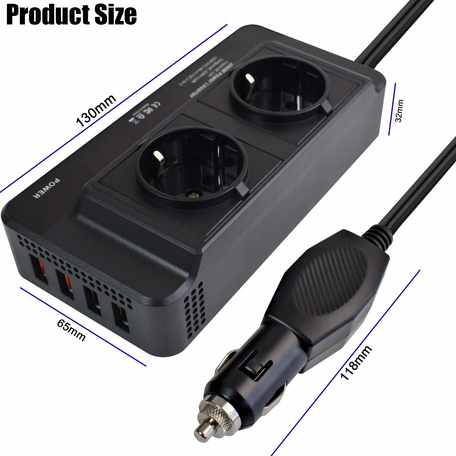 Przetwornica napięcia, 12 V na 220 V, 230 V, 200 W, adapter do gniazda zapalniczki samochodowej, adapter wtyczki, modyfikowane fale, przetwornik prądu z 2 gniazdami, 4 portami USB 4,8 A i