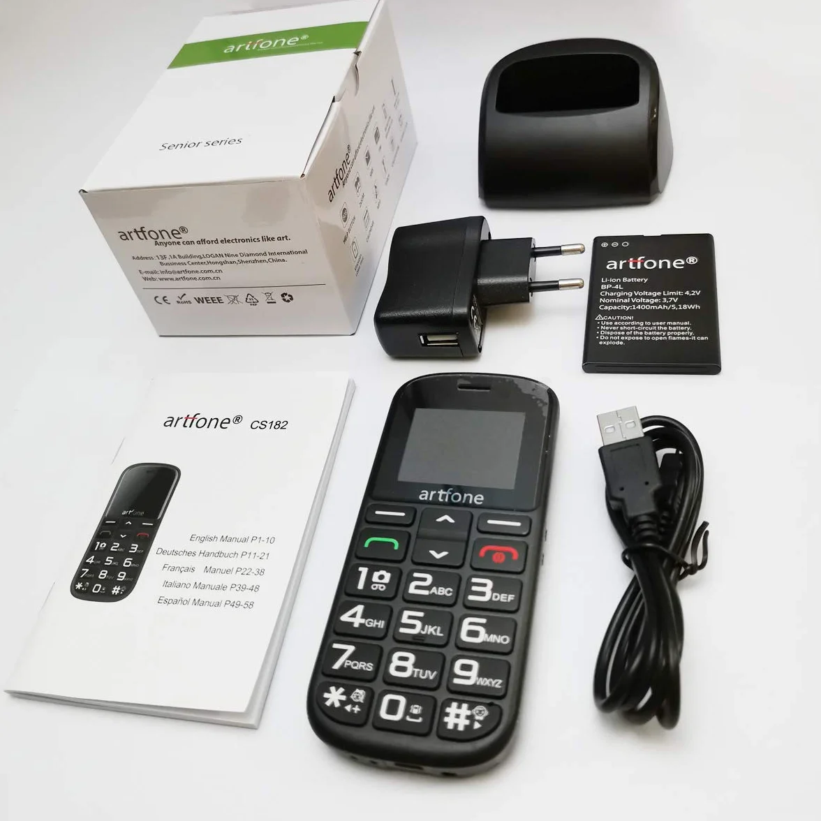 Mobilna do większych przycisków, 2 g gsm, z przyciskiem SOS, ładowarką, odblokowywanie podstawowe, latarka do telefonu komórkowego dla starszych Artfone CS182 (czarna)