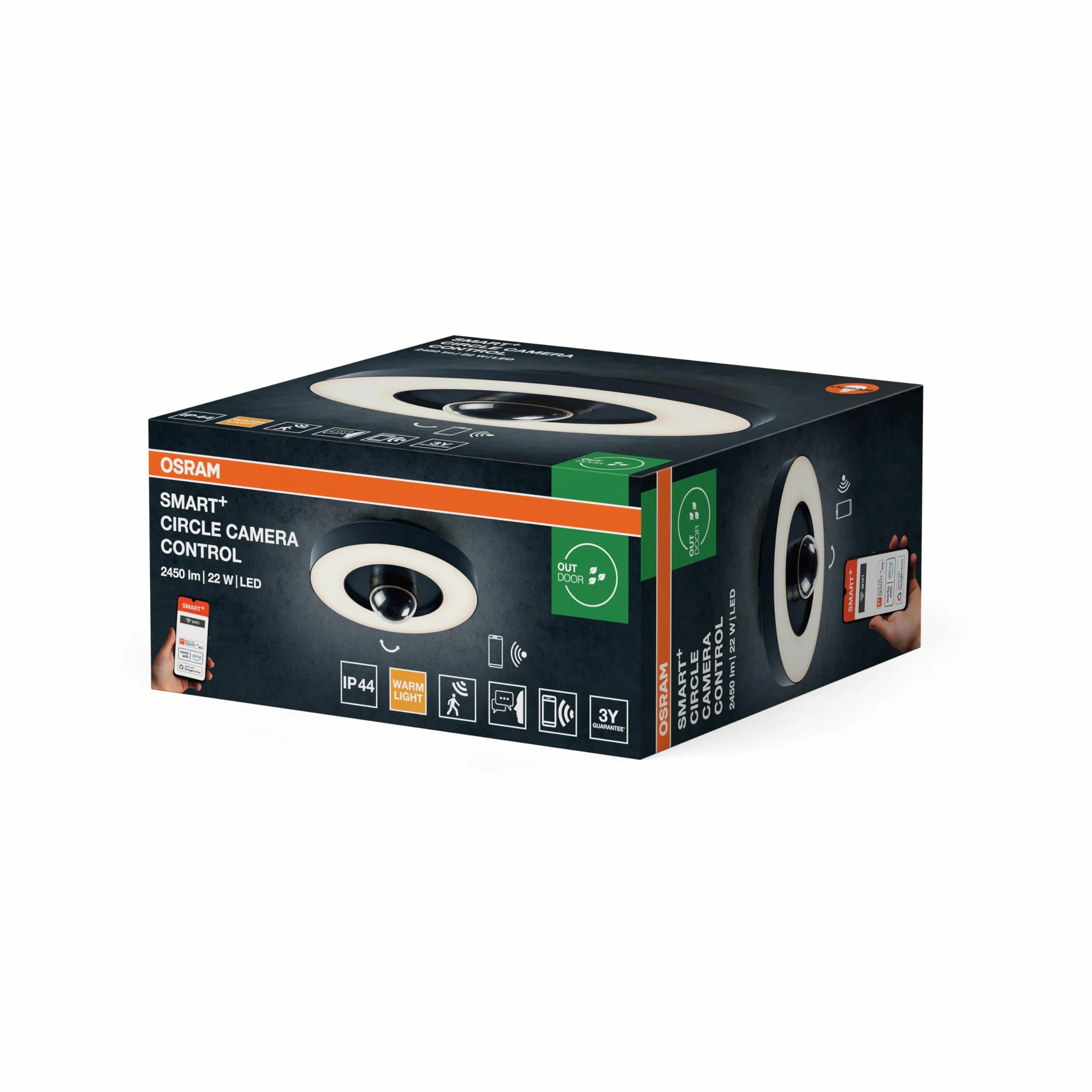 OSRAM Zewnętrzna Oprawa ścienna i sufitowa SMART+ + kamera, ciepłobiałe światło LED (3000K), wysokiej jakości obudowa z poliwęglanu w barwęze ciemnoszarym, zintegrowany głośnik, karta pamięci, | SMART+ Wifi Circle Camera, akcesoria do oświetlenia zewnętrz