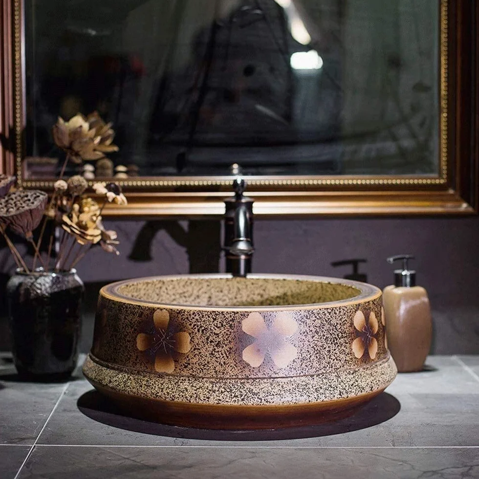 Szafka Pod Umywalkę Z Umywalką, Umywalka Łazienkowa, Umywalka Nablatowa, Brązowa Okrągła, Porcelanowa, Ceramiczna, Umywalka Nablatowa, Umywalka Nablatowa