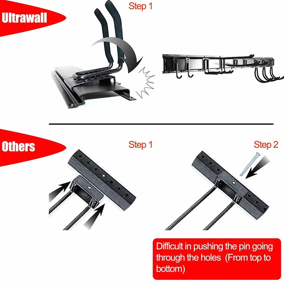 Ultrawall Stojak do przechowywania narzędzi, 13 cm, regulowana organizacja garażu, montowany na ścianie system przechowywania z 9 haczykami, wytrzymały stalowy organizer na narzędzia ogrodowe, uchwyty