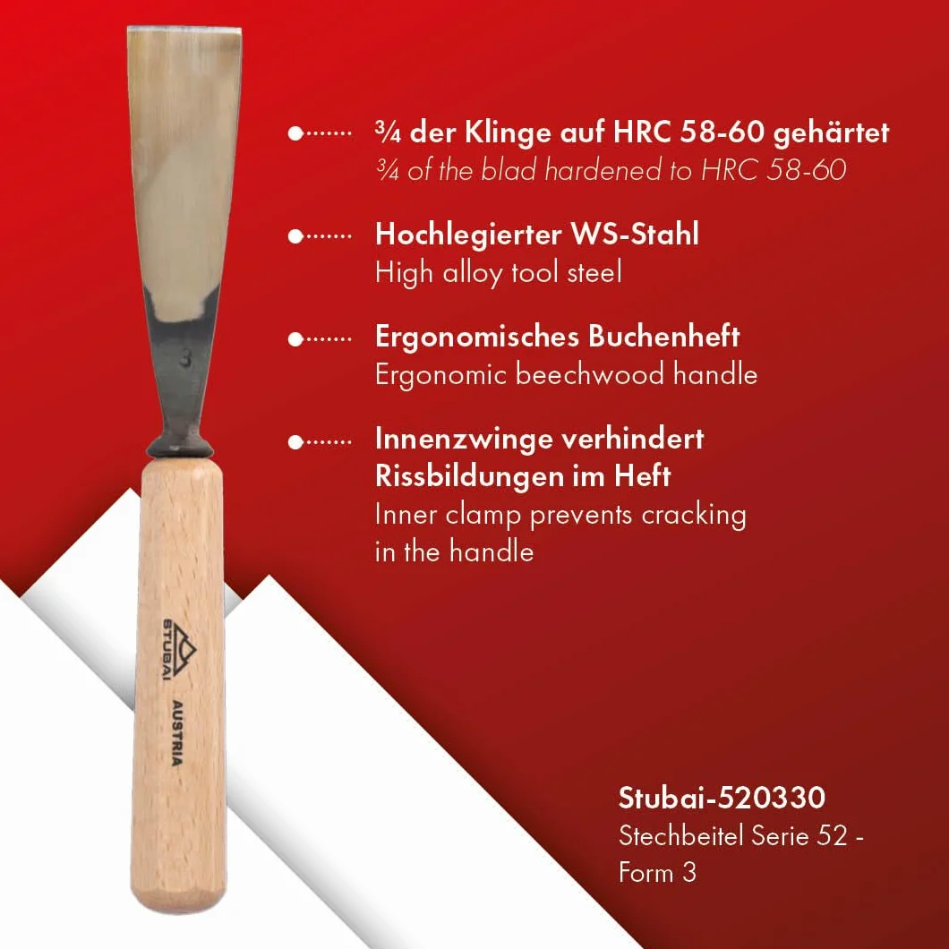 Stubai 520330 Dłuto do rzeźbienia w drewnie typ 3 z drewnianym uchwytem, złoty/beżowy, 30 mm
