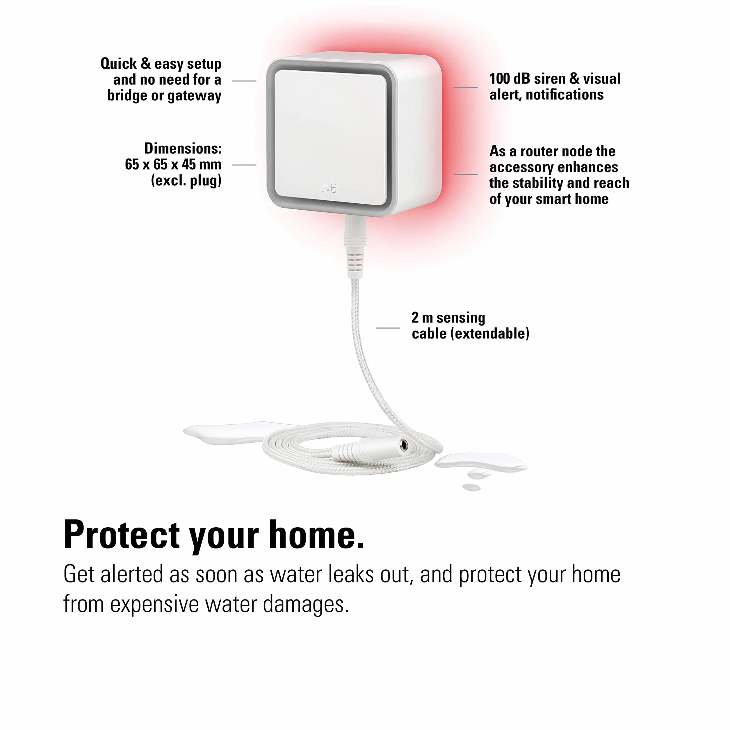 Eve Water Guard - inteligentny czujnik zalania, 2 m kabel, 100 dB alarm, iPhone, iPad, Apple Watch, Apple HomeKit, Bluetooth & Thread