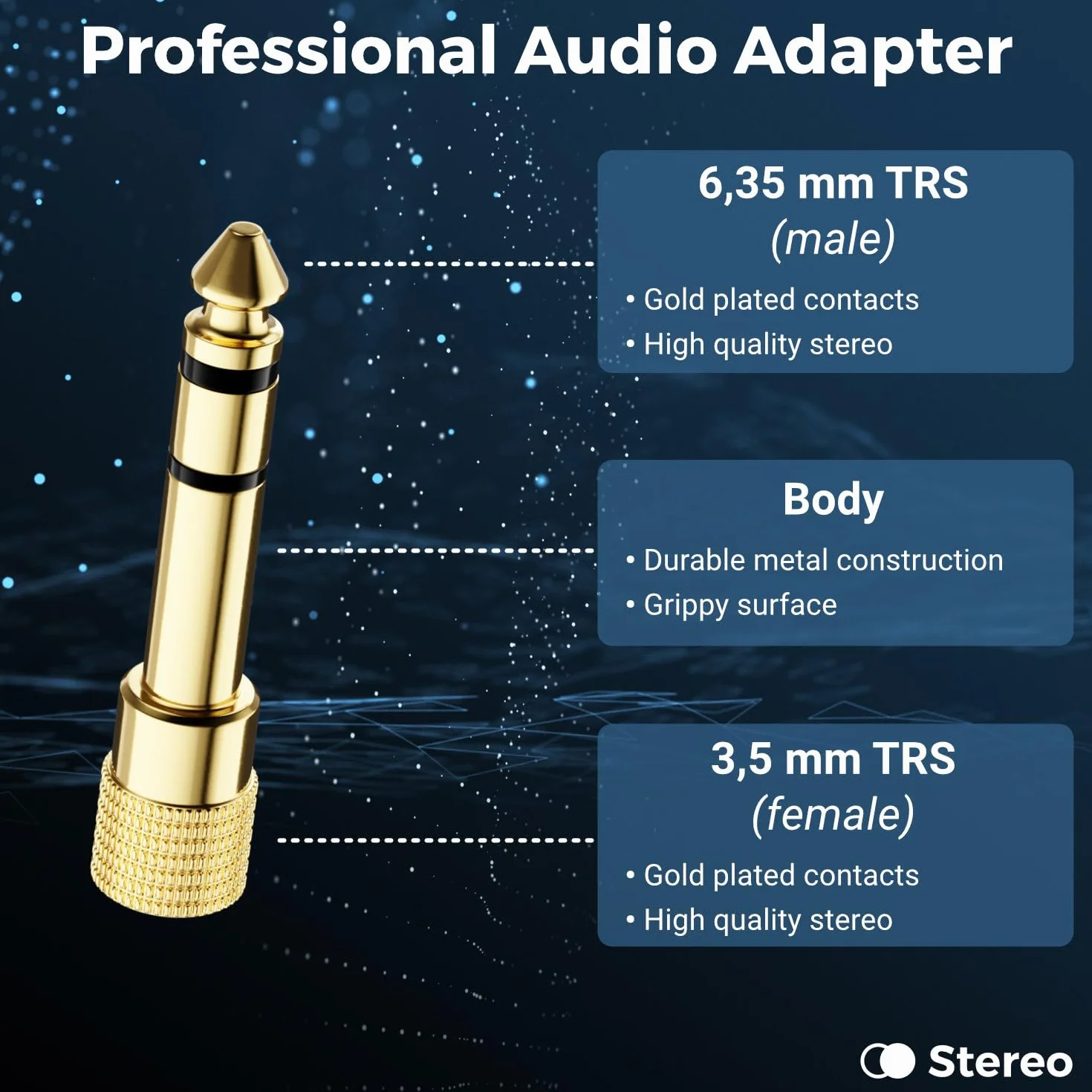 deleyCON Adapter Jack [1 Sztuka] 6,35mm do 3,5mm - Dźwięk Stereo Audio Sprzęgło - Do Słuchawek Gitara Odbiornik HiFi Wzmacniacz Kino Domowe Mikser Klawiatura TRS