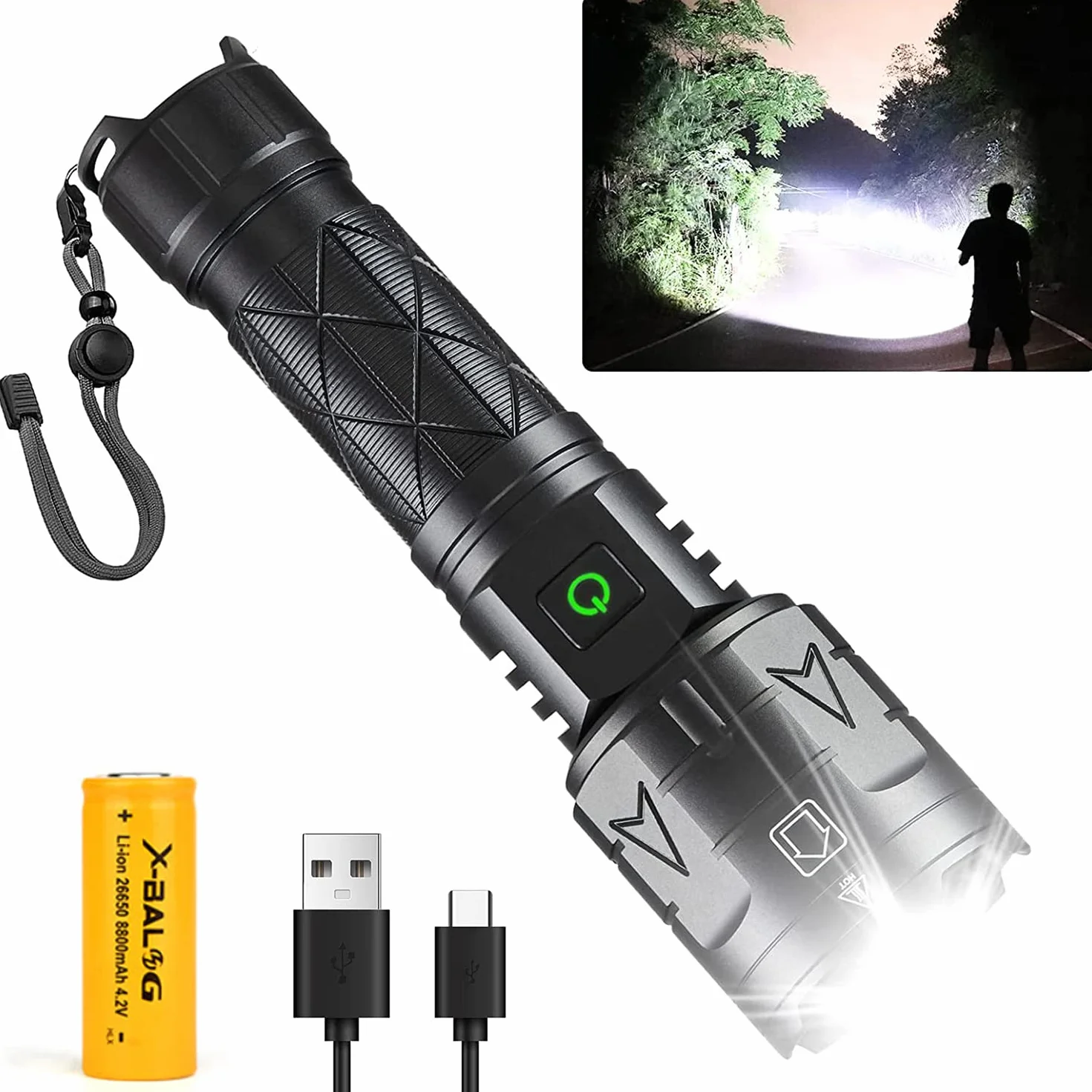 Latarka LED ładowana, latarka XHP160 LED 15 000 lumenów, akumulator 8800 mAh wystarcza na 12 godzin, latarka LED, bardzo jasna, z 5 trybami, do biwakowania, wędrówek, na zewnątrz