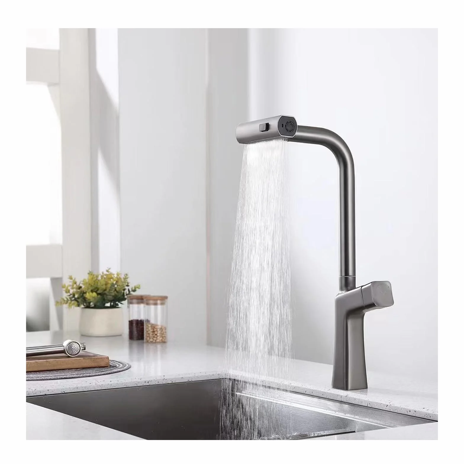Bateria kuchenna Waterfall z wyciąganą wylewką, bateria kuchenna z pojedynczym uchwytem, bateria kuchenna High Arc Gun Gray Kitchen Mixer Tap