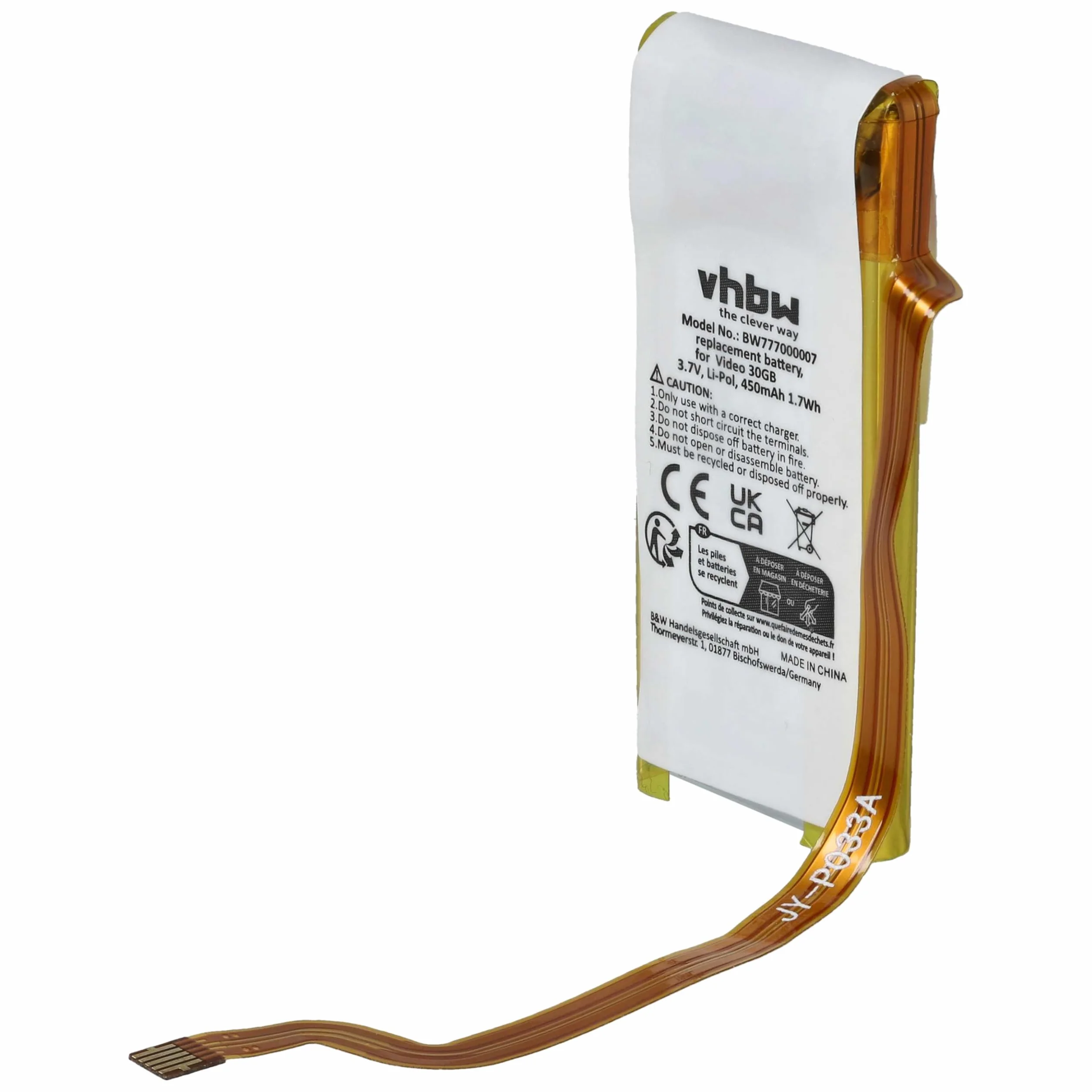 vhbw Bateria kompatybilna z Apple iPod MA002X/A, A1036, G5 30 GB, MA002CH/A odtwarzacz MP3 (450 mAh, 3,7 V, litowo-polimerowy)