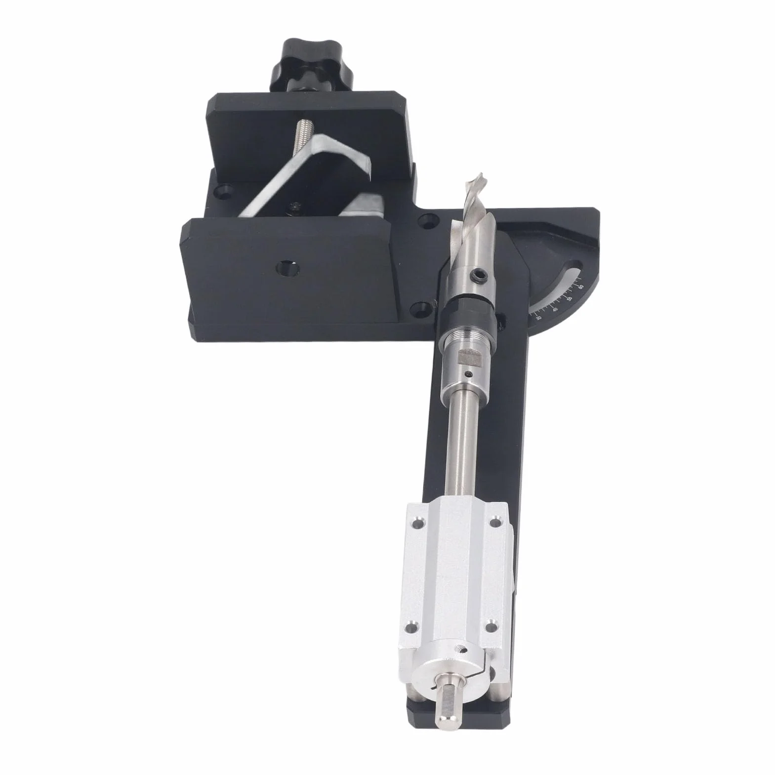 Yosoo Health Gear Zestaw wierteł Kątowych do Drewna Prowadnica wierteł Kątowych ze Stopu Aluminium 0 do 60 Stopni dla Pręta Okrągłego o średnicy od 30 70 Mm z Suwakiem 60 Mm Stolarki Drewnianej