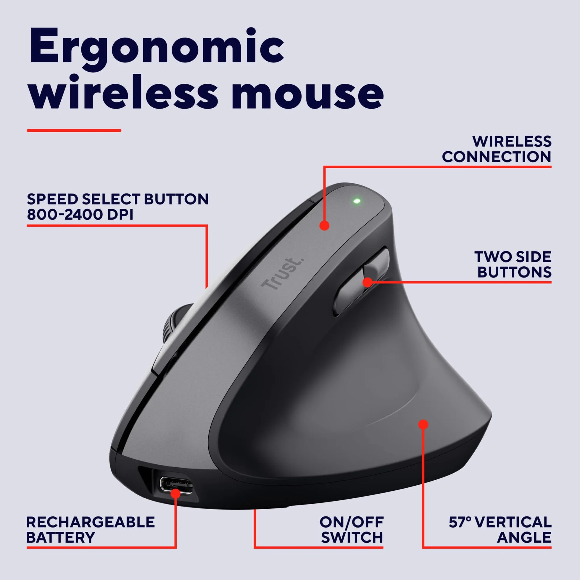 Trust Yuno Ergonomiczna Mysz Bezprzewodowa Pionowa, USB 2.4GHz, Regulowane DPI 800-2400, Czarny
