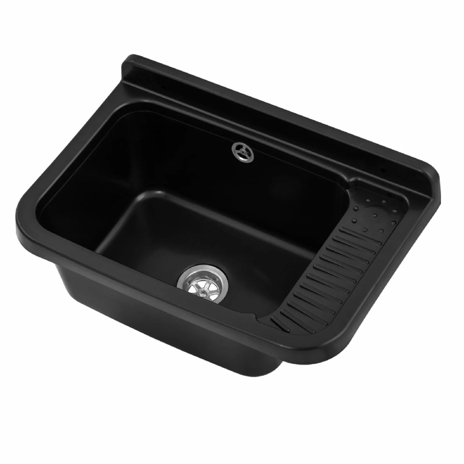 QLS Zlew PP 50,8x33,8 cm z syfonem i zestawem czarny | Do garażu, warsztatu i pralni. Odporny na ciepło, łatwy w czyszczeniu, z zestawem montażowym