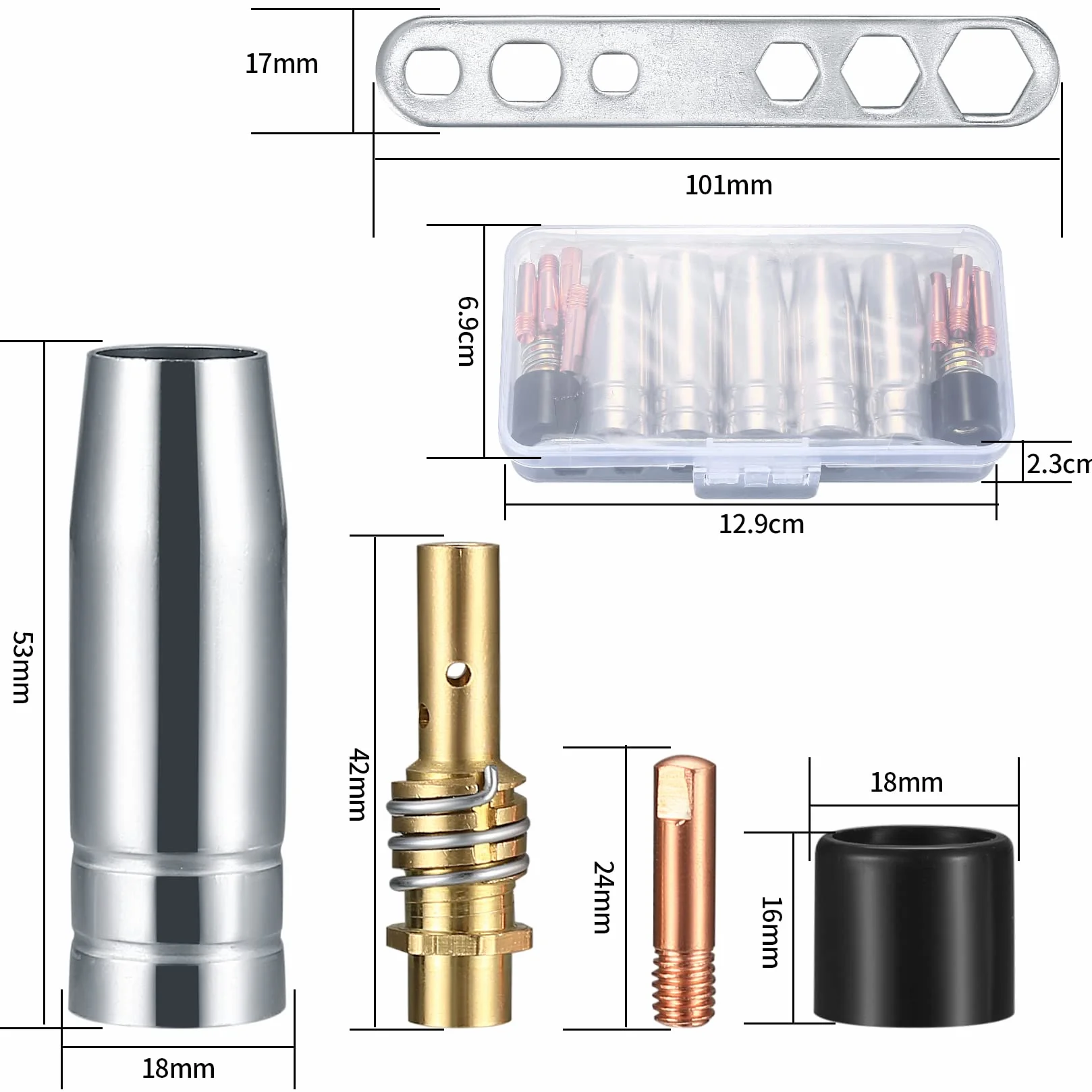 25-elementowy zestaw części eksploatacyjnych, akcesoria do spawania MIG/MAG, zgodne z AK-15/MB-15, 5 x dysze gazowe, 15 x dysze zasilające M6 0,8 mm, 2 x uchwyt dyszy, 2 x izolatory, 1 x klucz
