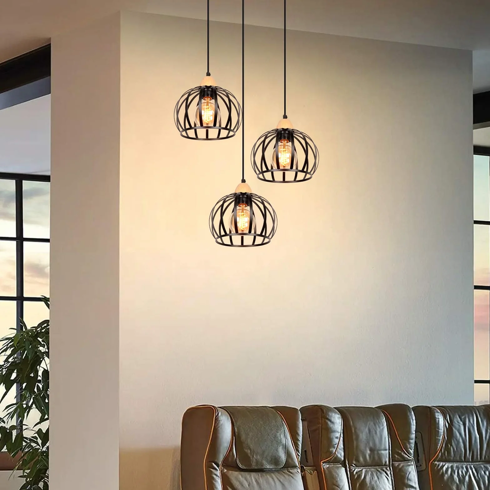 iDEGU 3 Światła Nowoczesny żyrandol wiszący 20 cm Vintage Drewniane i metalowe lampy sufitowe Projekt klatki Lampa wisząca do sypialni salonu kuchni restauracji (okrągła, czarna)