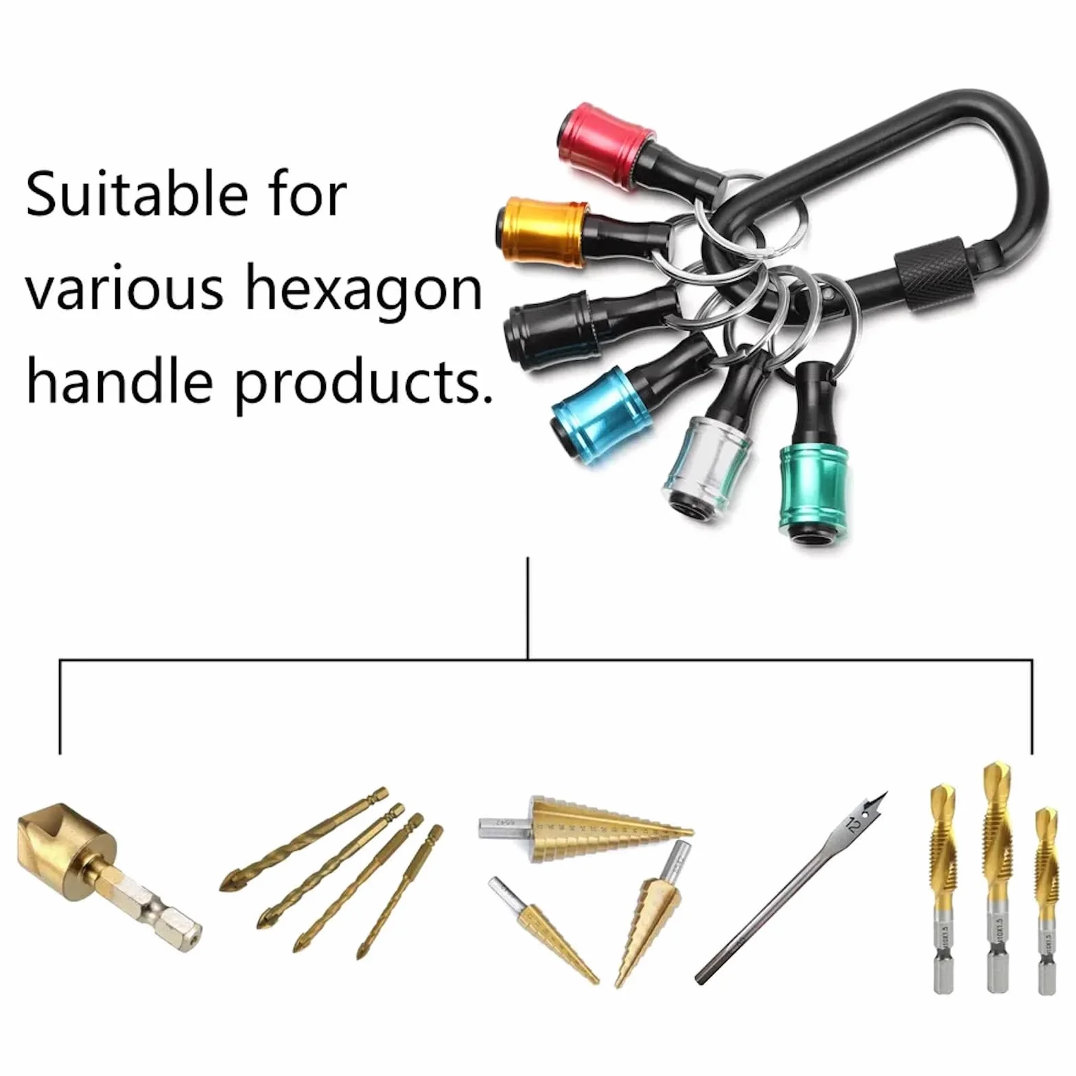 6 szt. 1/10.2 cm uchwyt na śrubokręt ze stopu aluminium, przedłużacz pręt wiertarski adapter zmiana breloka przenośny, z czarnym karabińczykiem (bity nie są dołączone)