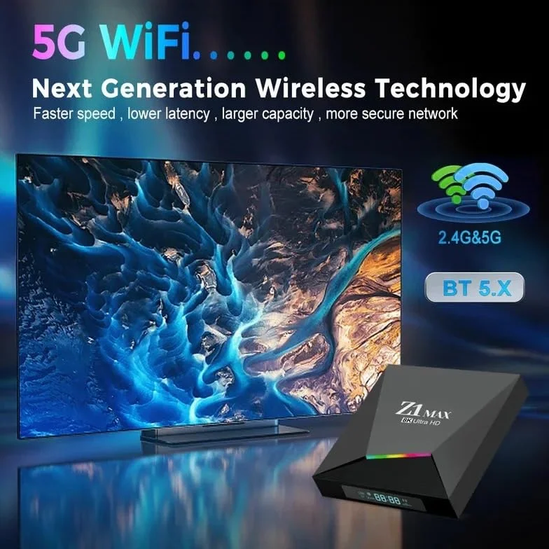 Z1 MAX Ultra HD Android TV Box – Android 15, 4G, Allwinner H618, 8 GB 128 GB, 8K 4K UHD, Dual WiFi 5G/2.4G, Bluetooth 5.0, sterowanie głosowe