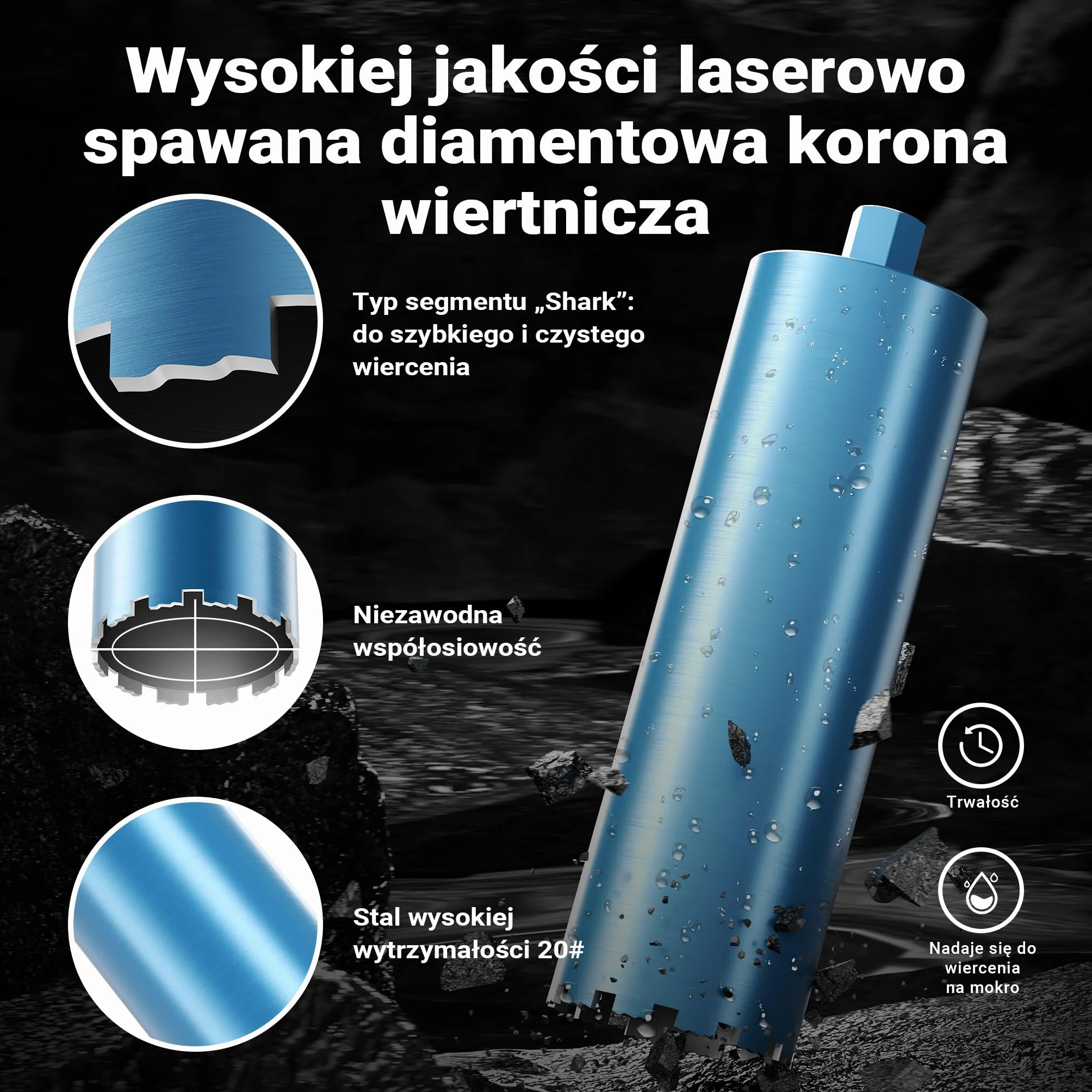 Wiltec Wiertło diamentowe koronowe typu Shark Ø 152 mm o długości 450 mm, 1¼ UNC, do wiercenia w betonie, kafelkach, kamienia i granitu