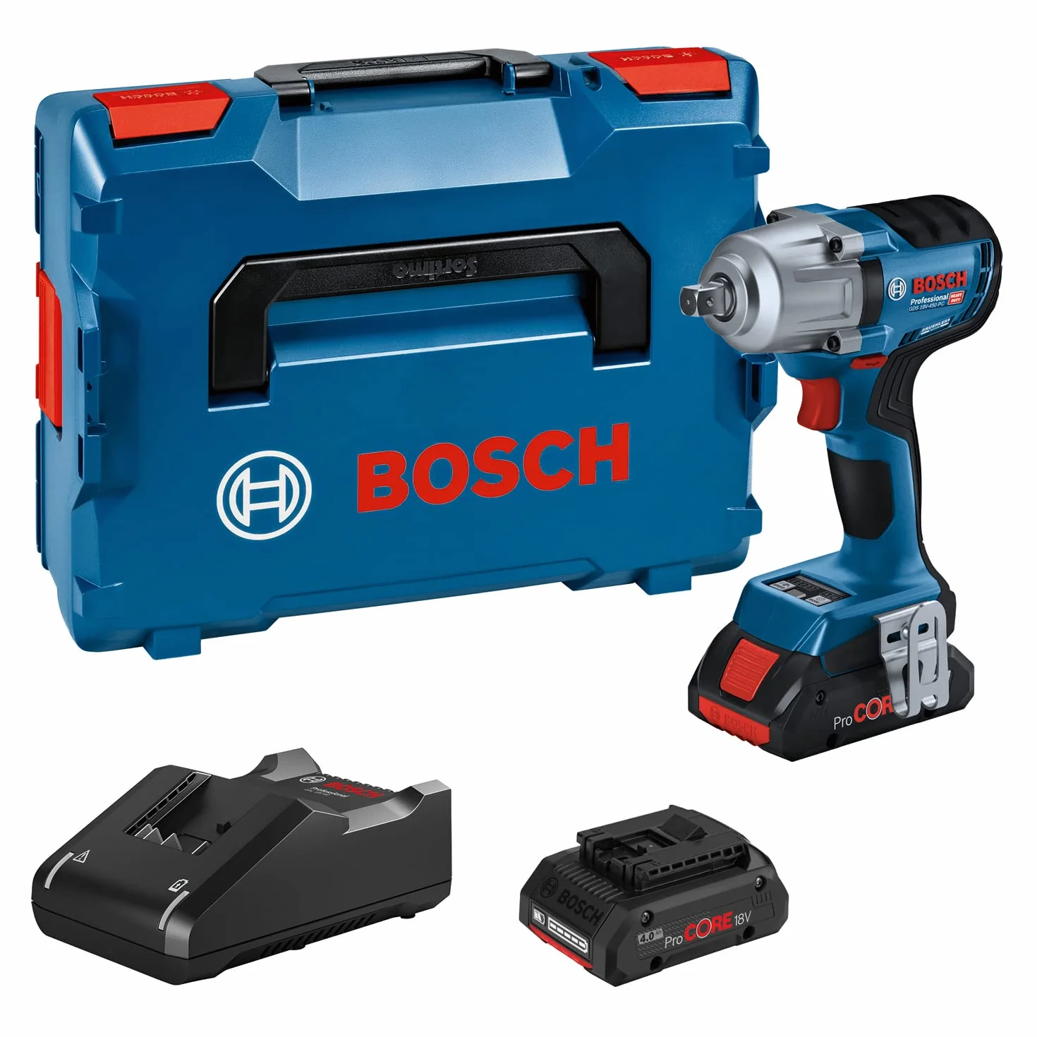 Bosch Professional system 18V: akumulatorowy klucz udarowy GDS 18V-450 PC (2 akumulatory ProCORE 18V 4.0Ah, szybka ładowarka GAL 18V-40, walizka L-BOXX, moduł Bluetooth)