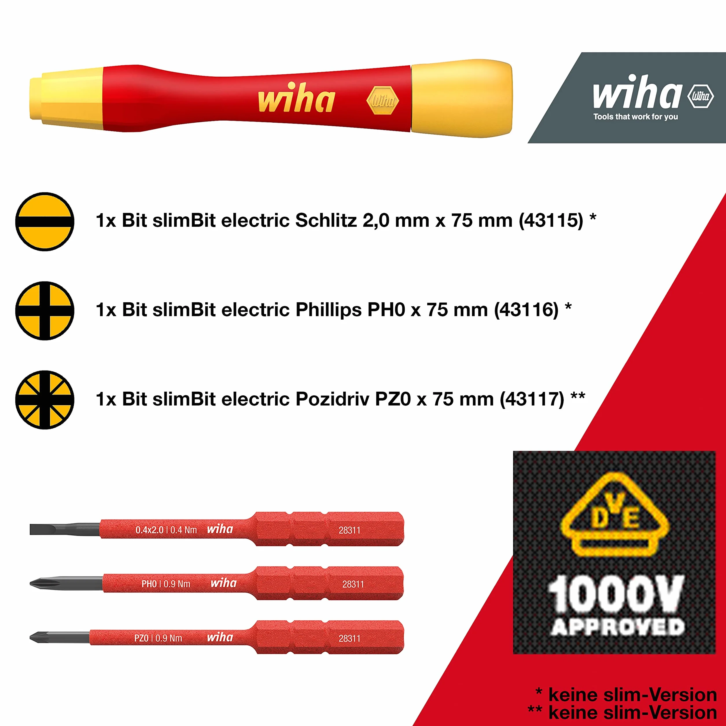 Zestaw wkrętak + 3 groty izolowane VDE 1000V dla elektryków PicoFinish WIHA