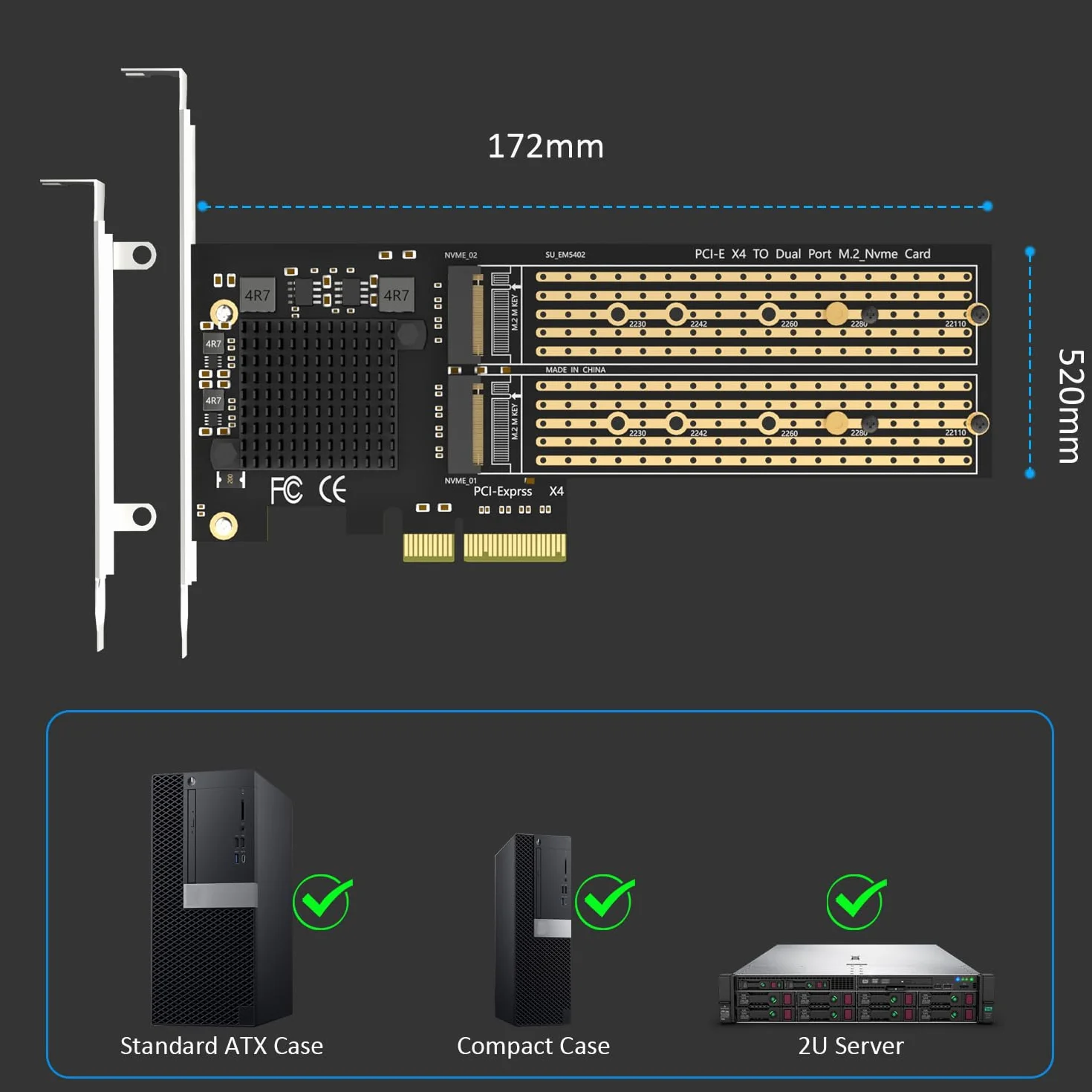 GLOTRENDS PA20 Dual Adapter M.2 NVMe na PCIe 3.0 x4 z funkcją rozgałęzienia PCIe, konfiguracja programowego RAID M.2 NVMe, obsługuje 22110/2280
