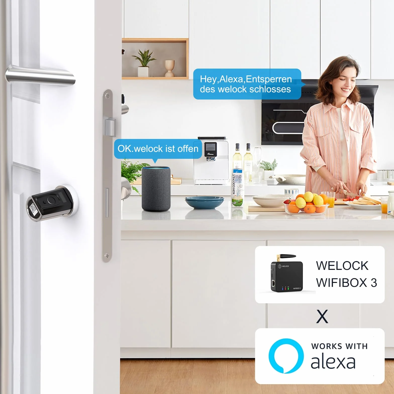 Welock Touch41 zamek do drzwi, odcisk palca z wifibox 3, elektroniczny zamek do drzwi z kartą RFID, zdalne odblokowanie Bluetooth, Wi-Fi, IP65, współpracuje z Alexa, regulacja do drzwi 50-100 mm