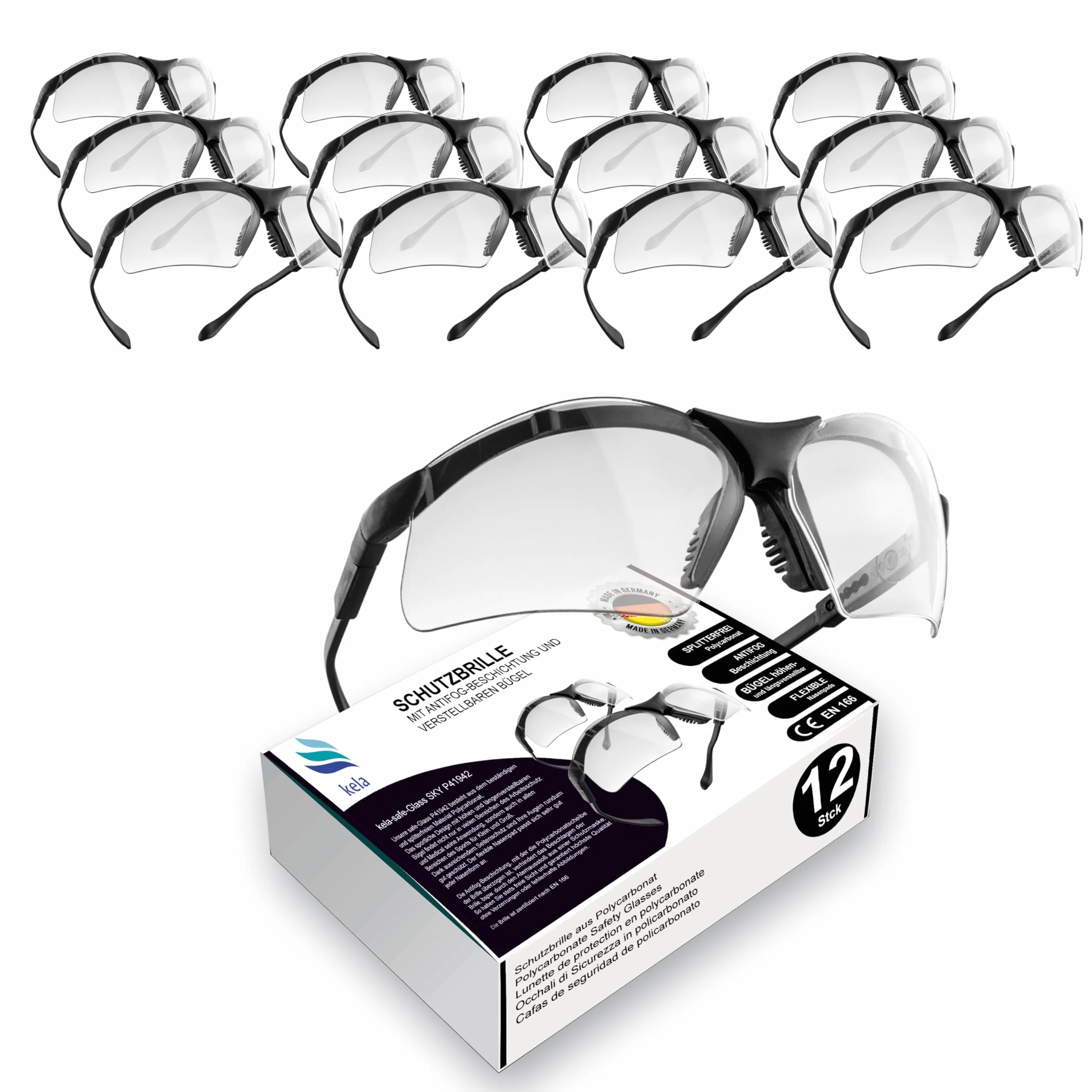 kela Zestaw 12 par okularów ochronnych SKY I 100% Made in Germany | odporne na zarysowania okulary robocze z UV400 i wbudowaną ochroną boczną I okulary sportowe z regulacją wysokości i wzdłużnie