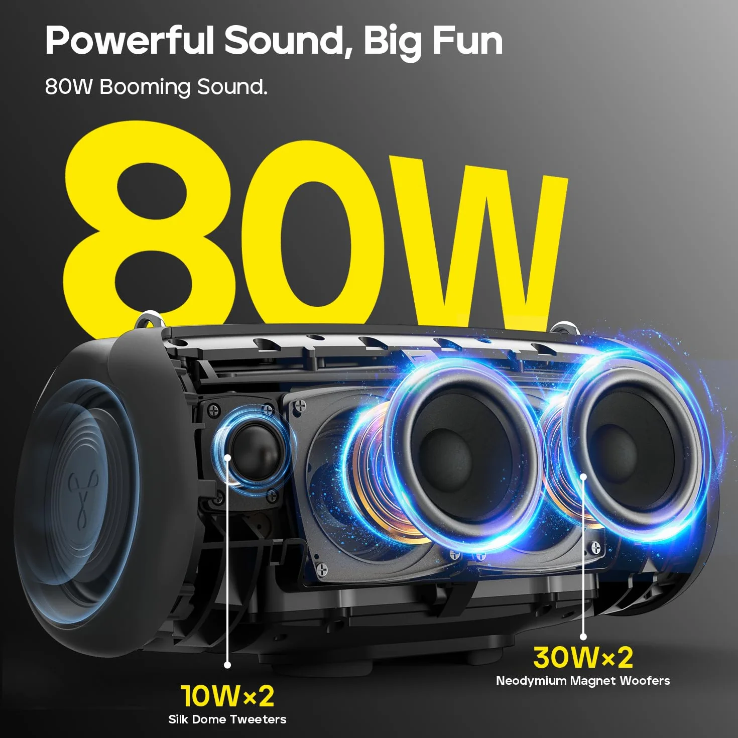 Tribit StormBox Lava Przenośny Głośnik Bluetooth, 80W moc, 24h playtime, IP67 wodoodporny, Bluetooth 5.4, Custom EQ, XBass, wbudowany mikrofon, parowanie TWS do kempingu/plaży/imprez/na zewnątrz